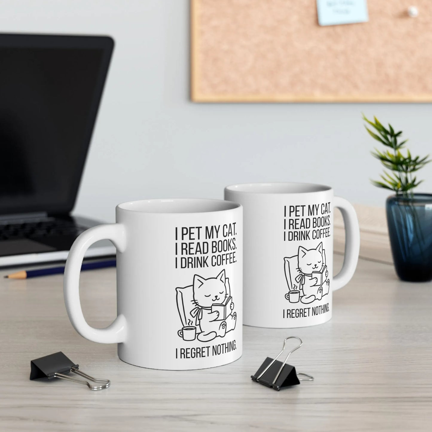 Cat. Books. Coffee. Mug featuring a cozy cat illustration and humorous text, perfect for coffee and book lovers.