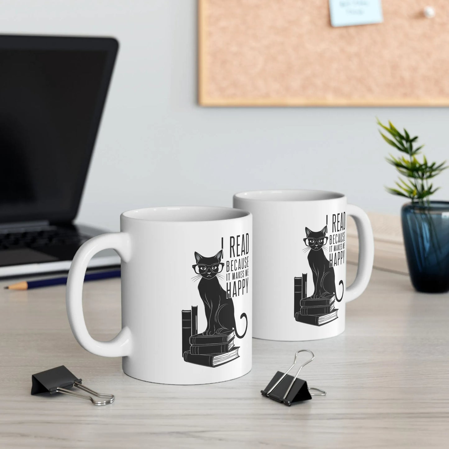 Happy Reading Kitty Mug with a black cat on books, perfect for cozy sips for cat and book lovers.