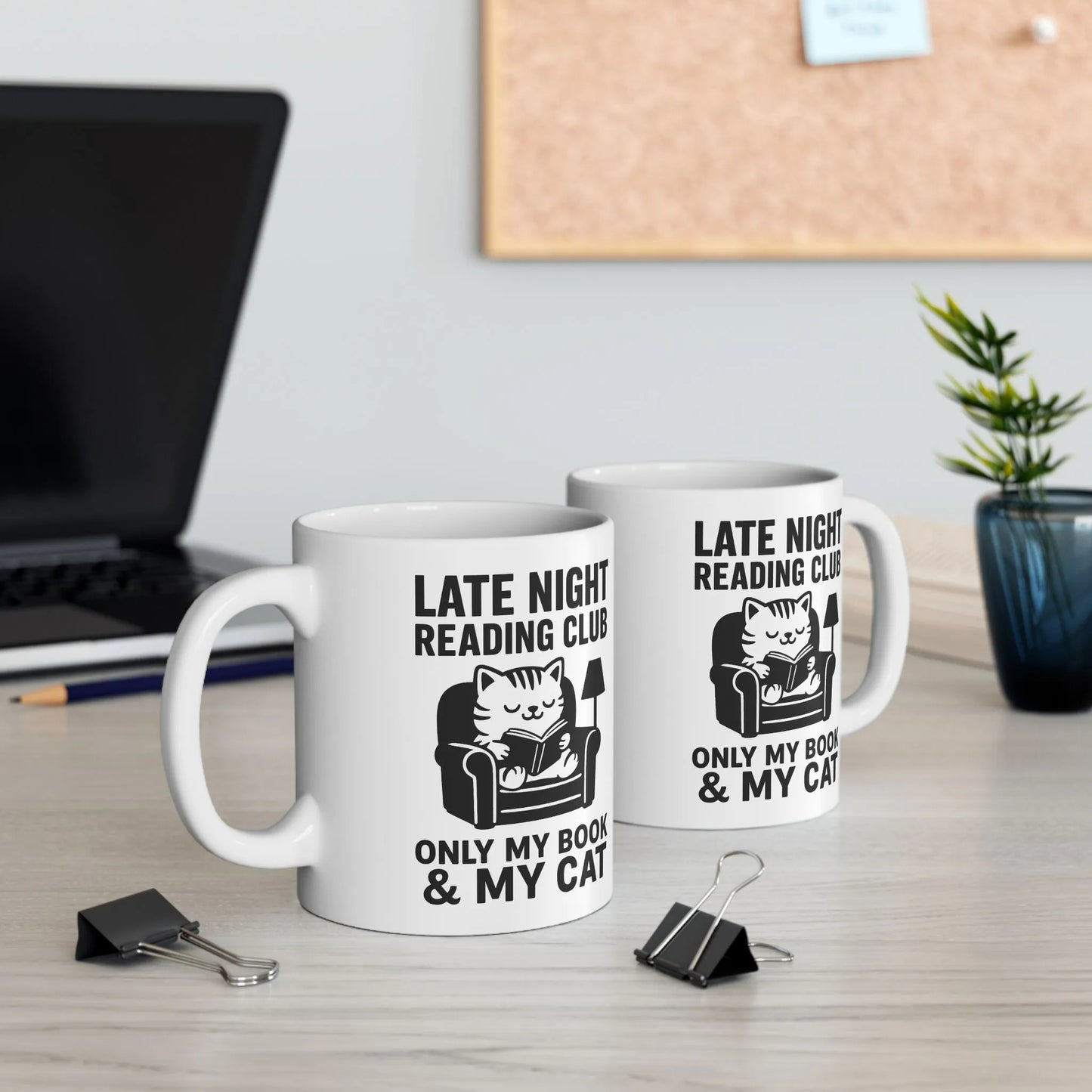 Late Night Reading Club Mug featuring a cozy cat illustration and text, perfect for cat-loving bookworms enjoying tea or coffee.
