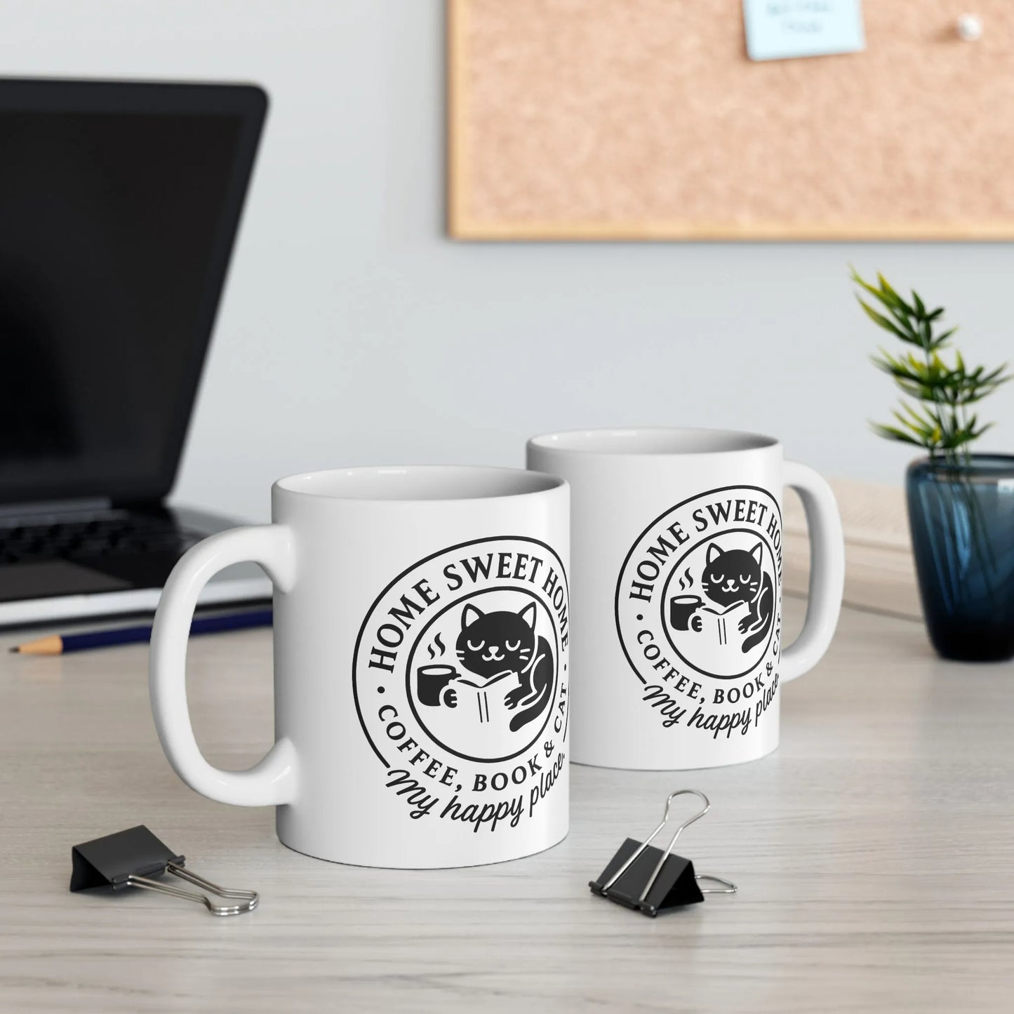 Cozy Cat Haven Mug featuring a cute kitty reading with 'Home Sweet Home' text, perfect for cat lovers and book fans.