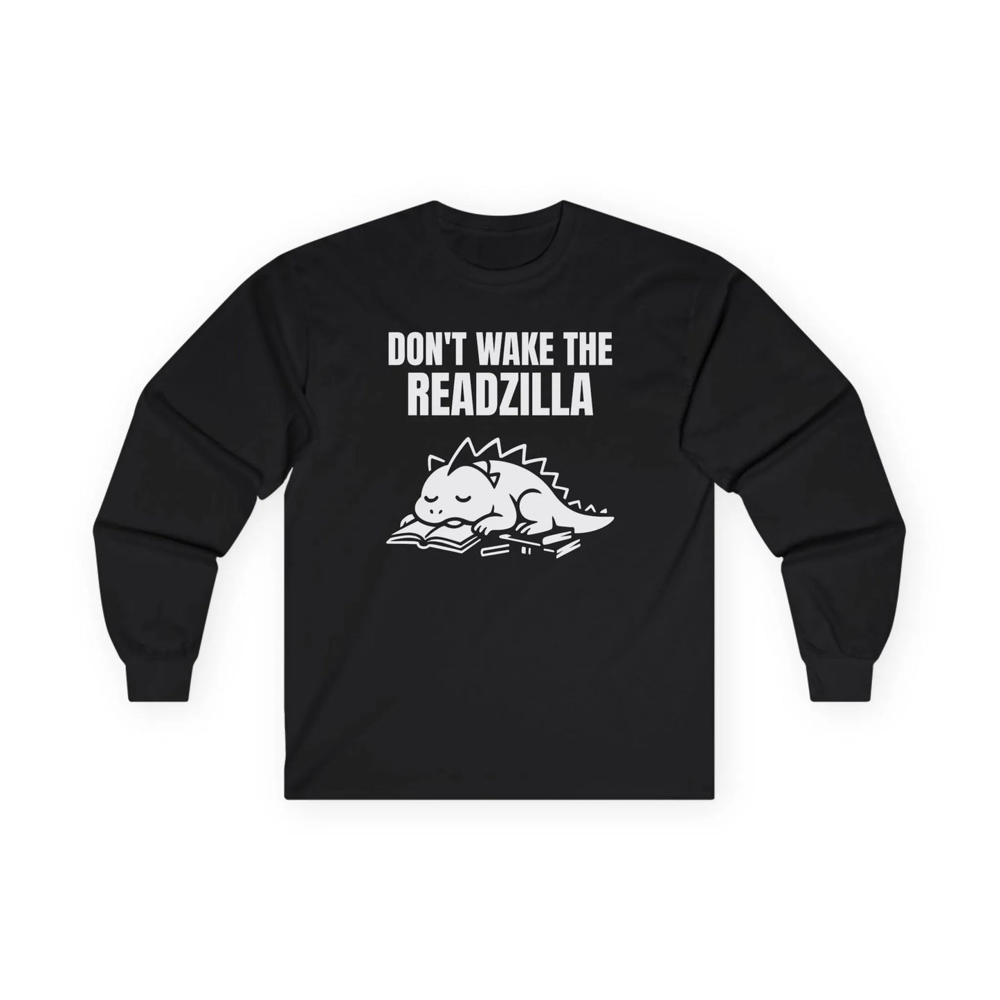 Cozy Readzilla Nap Mode Long Sleeve shirt with a sleepy dinosaur and 'Don't Wake the Readzilla' text. Perfect for book lovers!