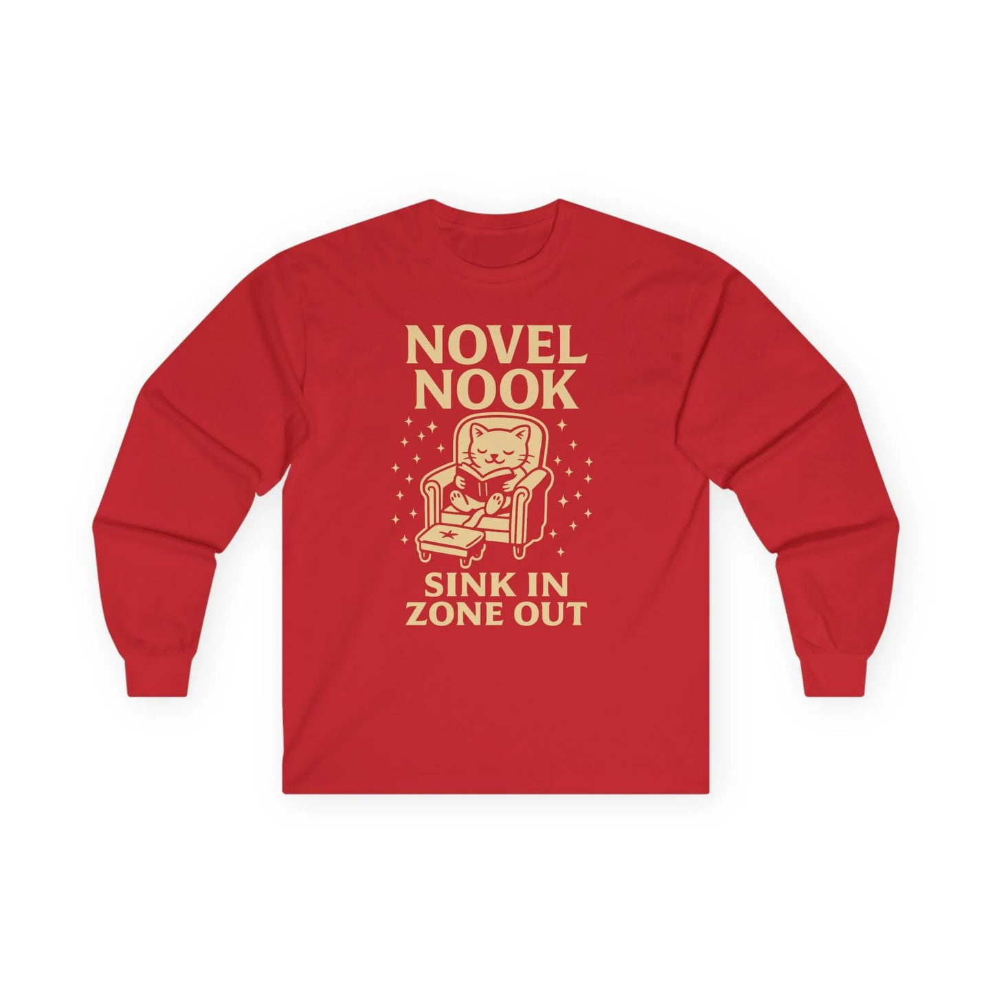 Novel Nook Long Sleeve shirt with a cozy cat in an armchair, saying 'Sink In Zone Out'—perfect gift for book lovers and cat fans.