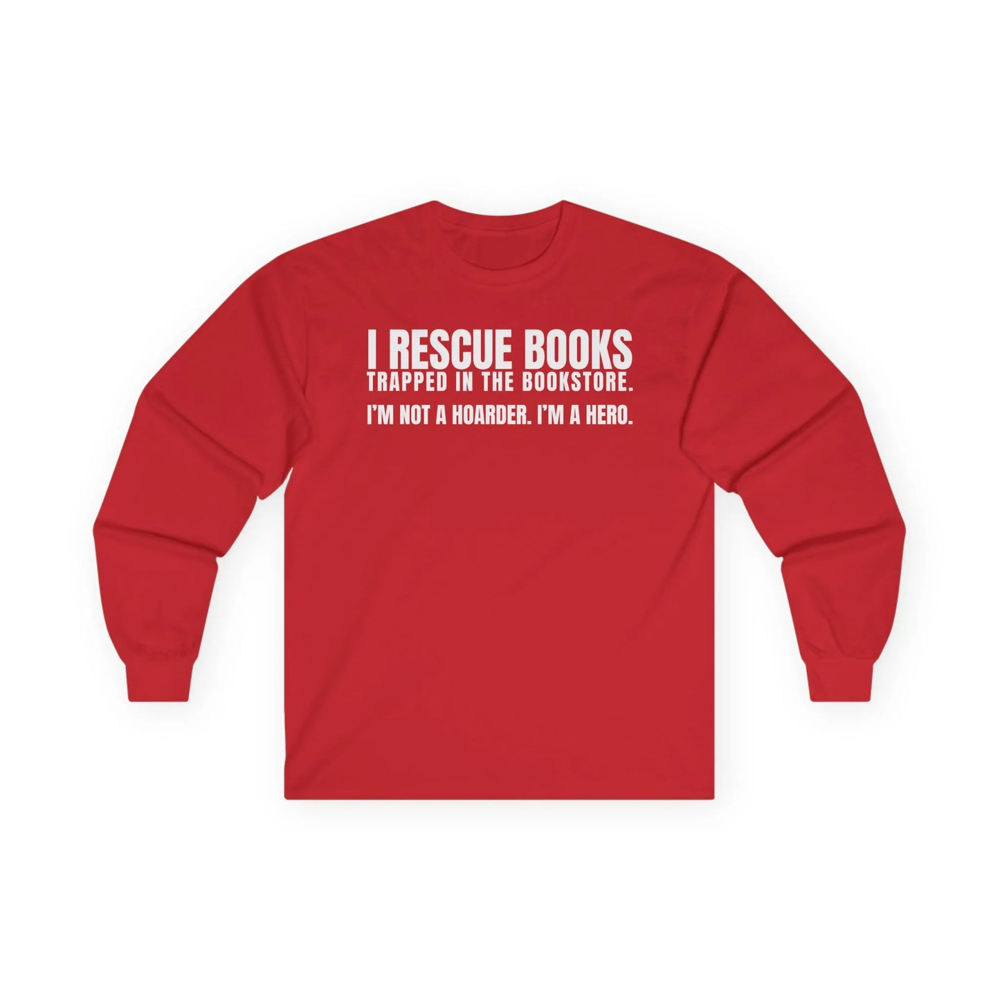 I Rescue Books long sleeve shirt in red, perfect for book lovers. Ideal gift for readers who adore cats, coffee, and humor.