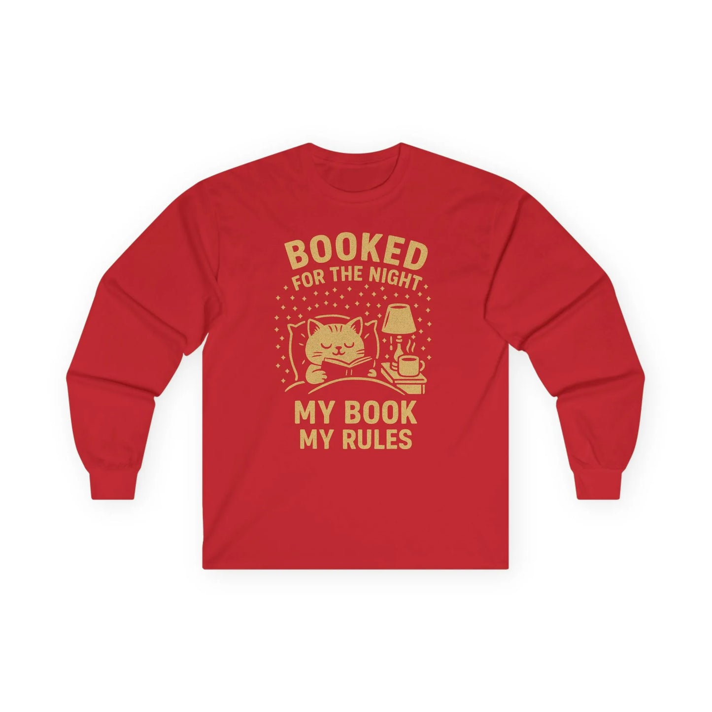 Red long sleeve shirt with a cat, book, and lamp design, saying 'Booked for the Night, My Book My Rules' for cozy book lovers.