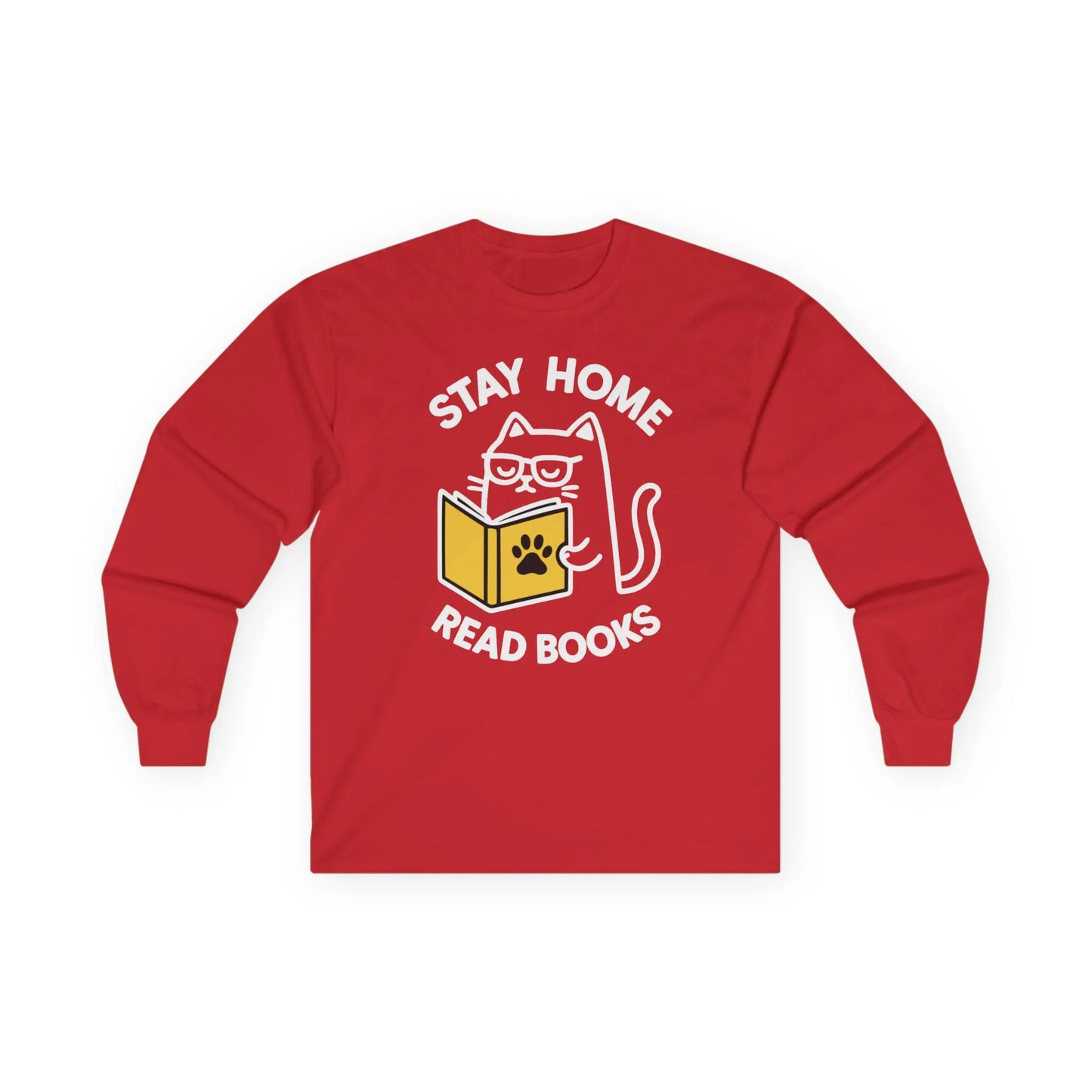 Purrfect Homebody Long Sleeve red shirt featuring a cat reading a book with text 'STAY HOME READ BOOKS', perfect for book lovers.
