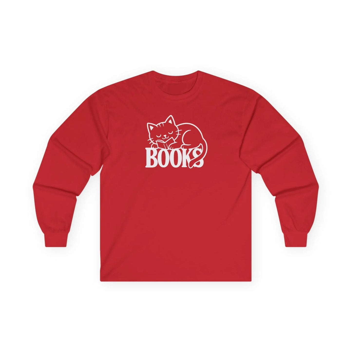 Cozy Catnap & Books Long Sleeve shirt featuring a sleeping cat illustration with the word 'BOOKS' in playful white text. Perfect for book lovers!