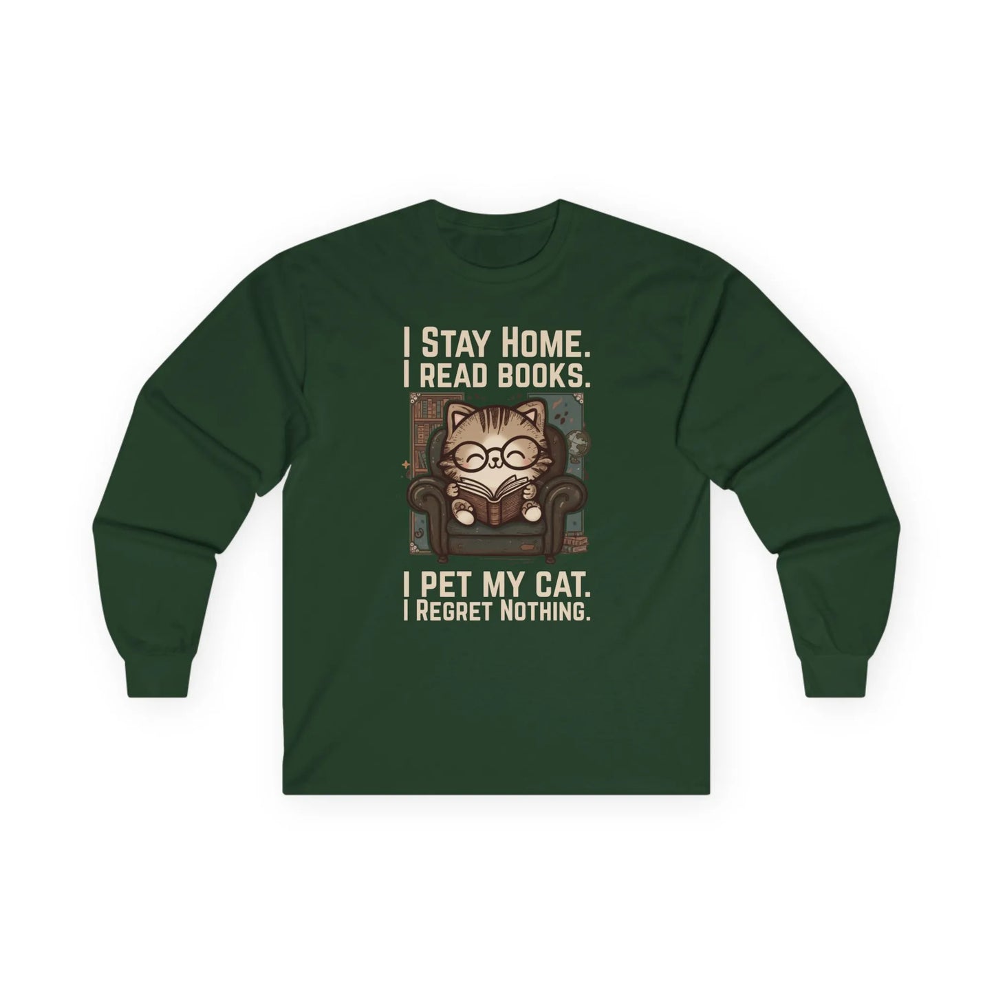 Library Cat Reader Long Sleeve featuring a cute cat in glasses on a cozy chair with book-related humor, perfect for book lovers.