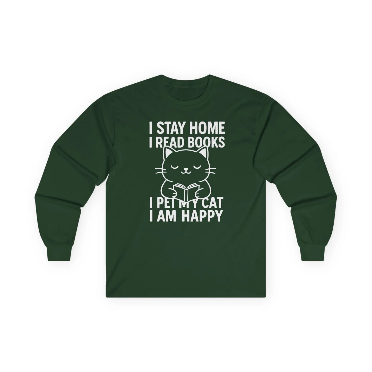 Happy Cat Reader Long Sleeve shirt featuring a cat graphic and reading text, perfect for book lovers and cozy reading.