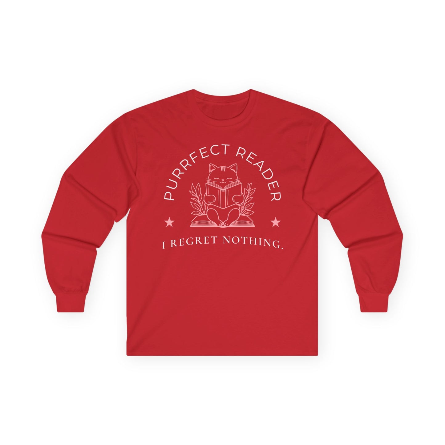 Purrfect Reader 2 Long Sleeve shirt featuring a cat with the text 'I Regret Nothing', perfect for book lovers and gifts for readers.
