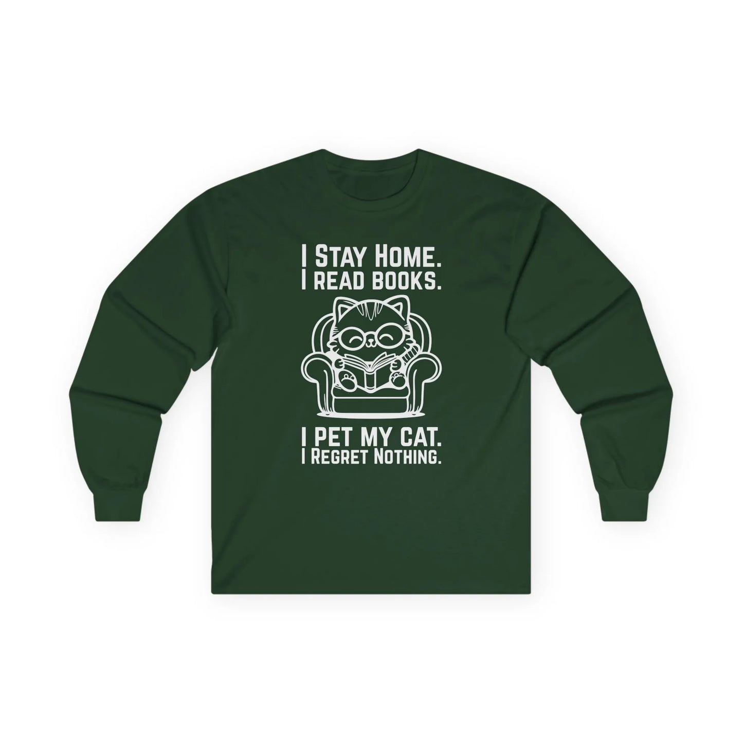 No Regrets, Just Cats Long Sleeve featuring a cozy design with a cat in an armchair, perfect for book lovers and cat enthusiasts.