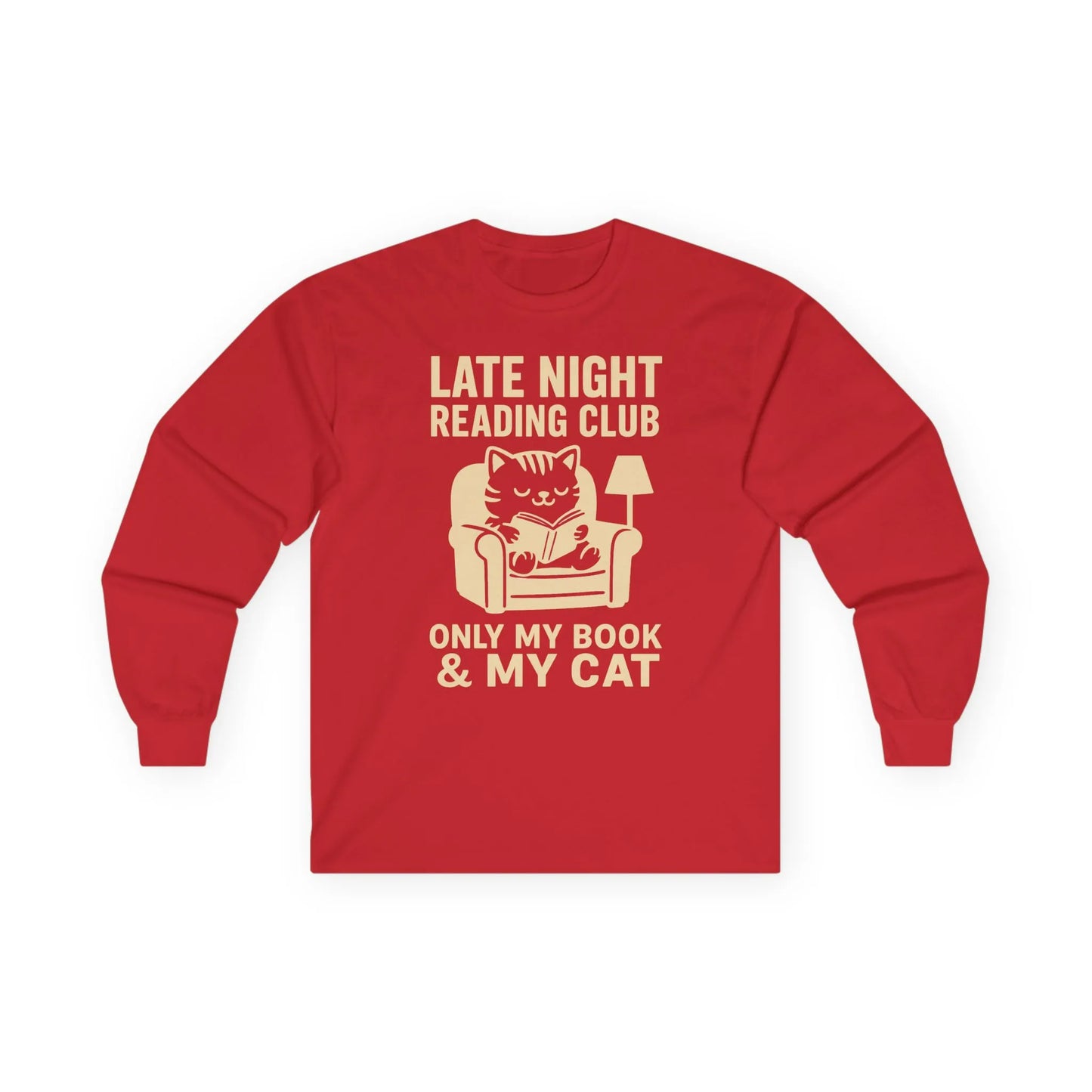 Cozy red long sleeve tee for book lovers, featuring a cat in a chair with text: 'Late Night Reading Club - Only My Book & My Cat'.