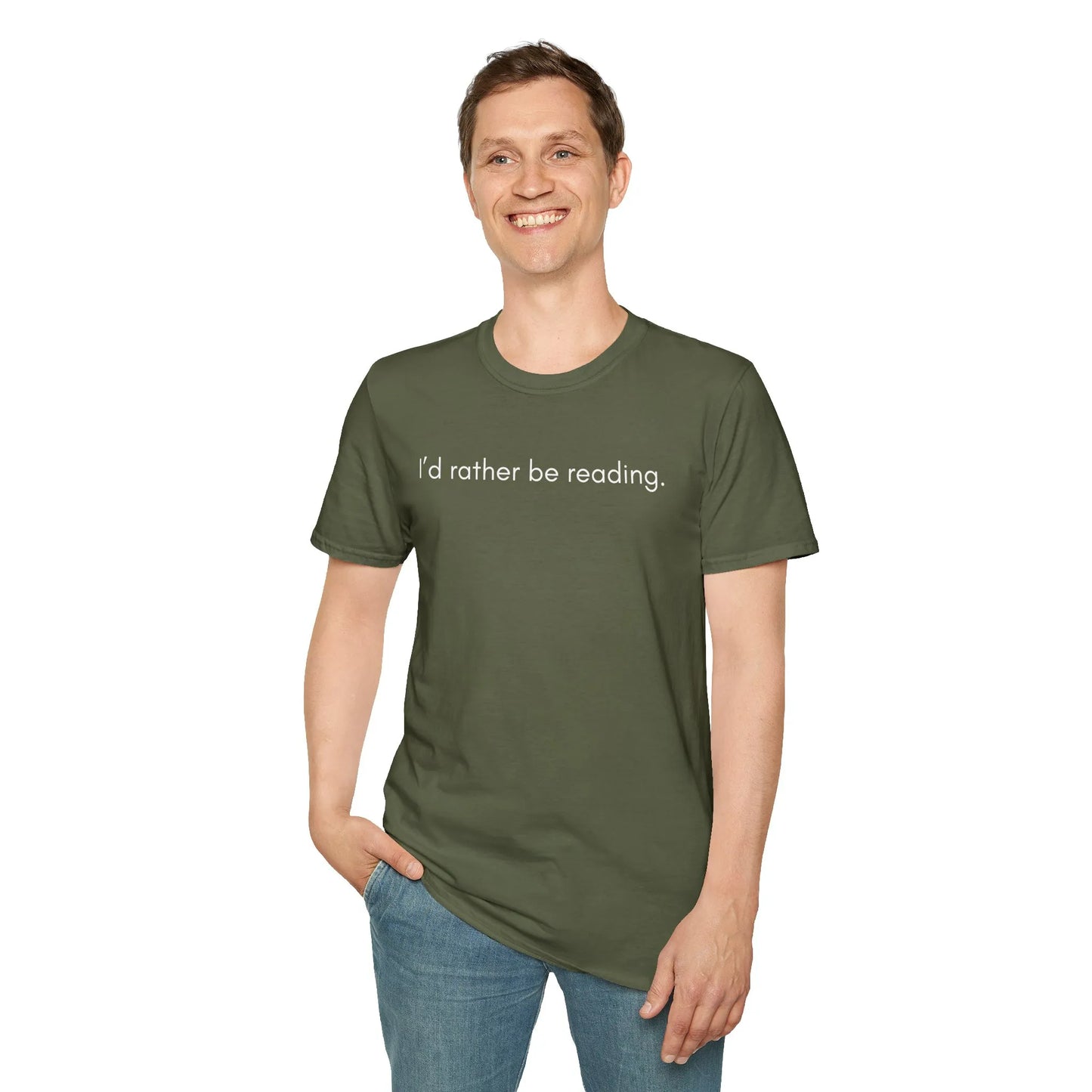 Rather Be Reading T-Shirt in olive green, relaxed fit unisex shirt for book lovers, perfect cozy reading outfit. 📖