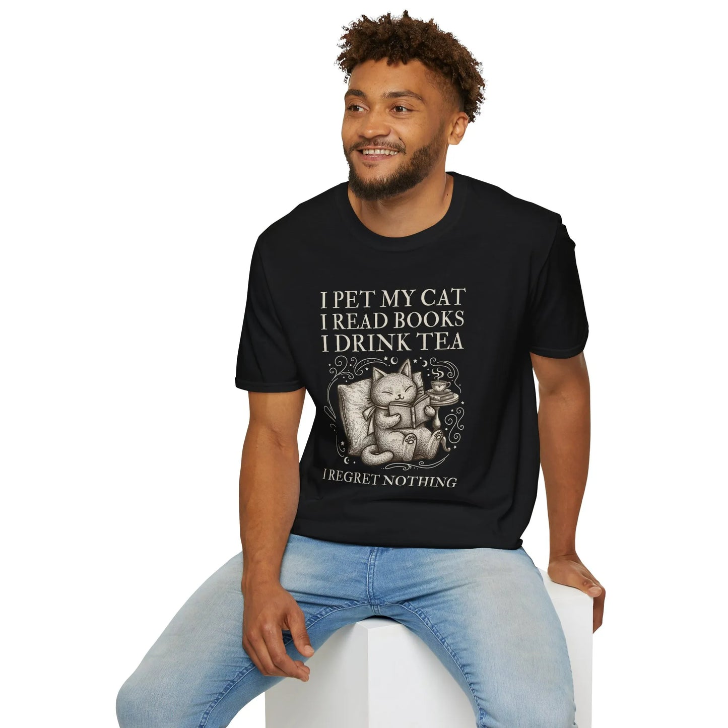 Tea, Cats & Books T-Shirt featuring a relaxed fit unisex design, perfect for introverts and book lovers 📖☕️.
