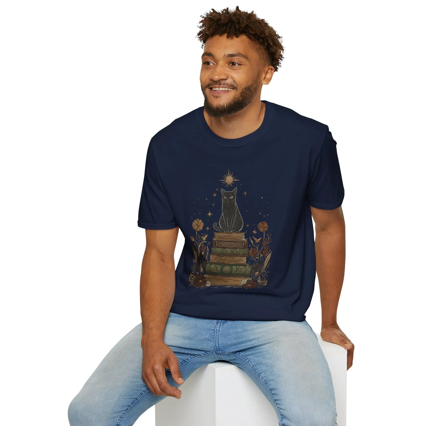 Mystic Cat & Books T-Shirt featuring a black cat on vintage books, perfect for book lovers who enjoy cozy reading moments.