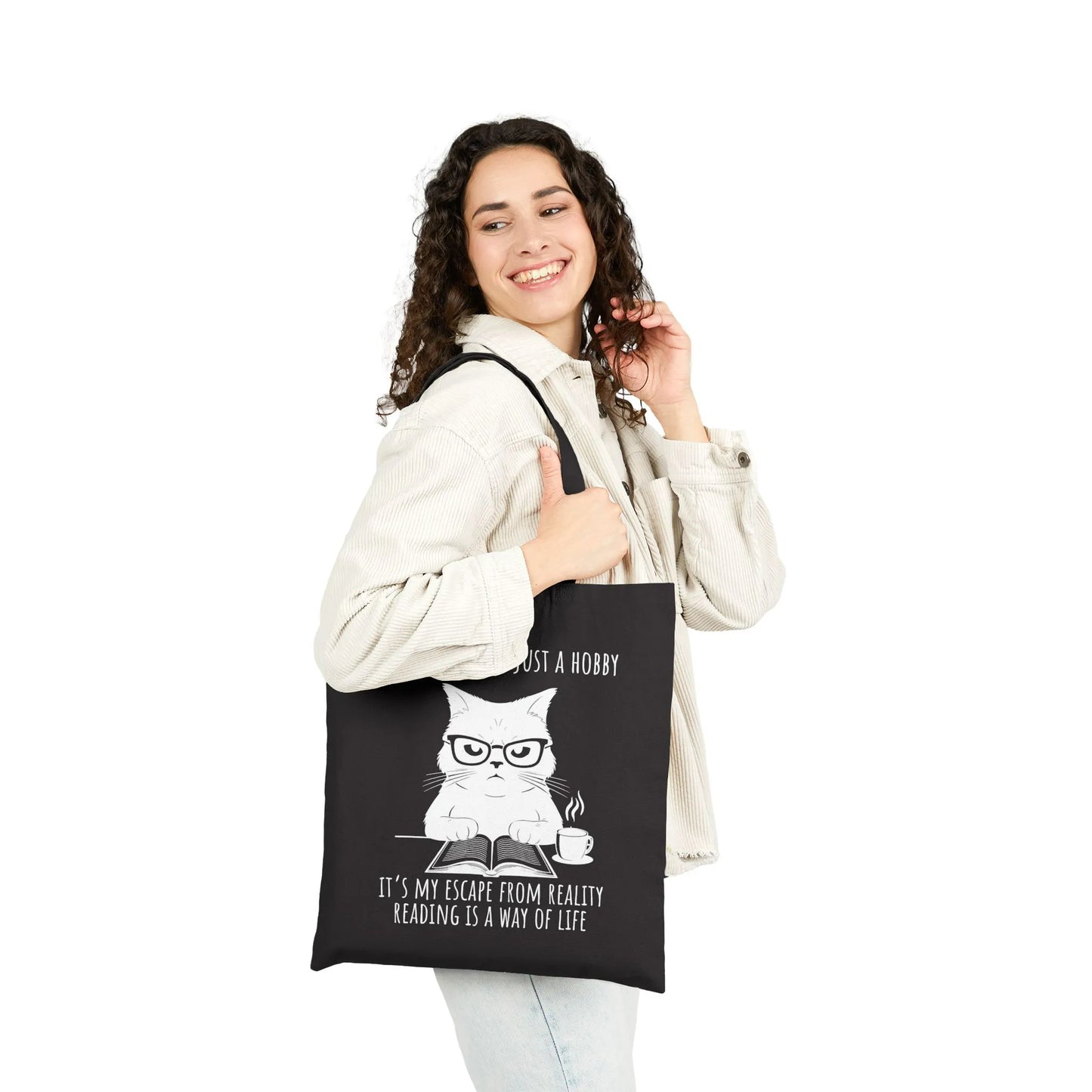 Reading Way of Life Tote Bag featuring a humorous cat design, perfect for book lovers and made of durable canvas.