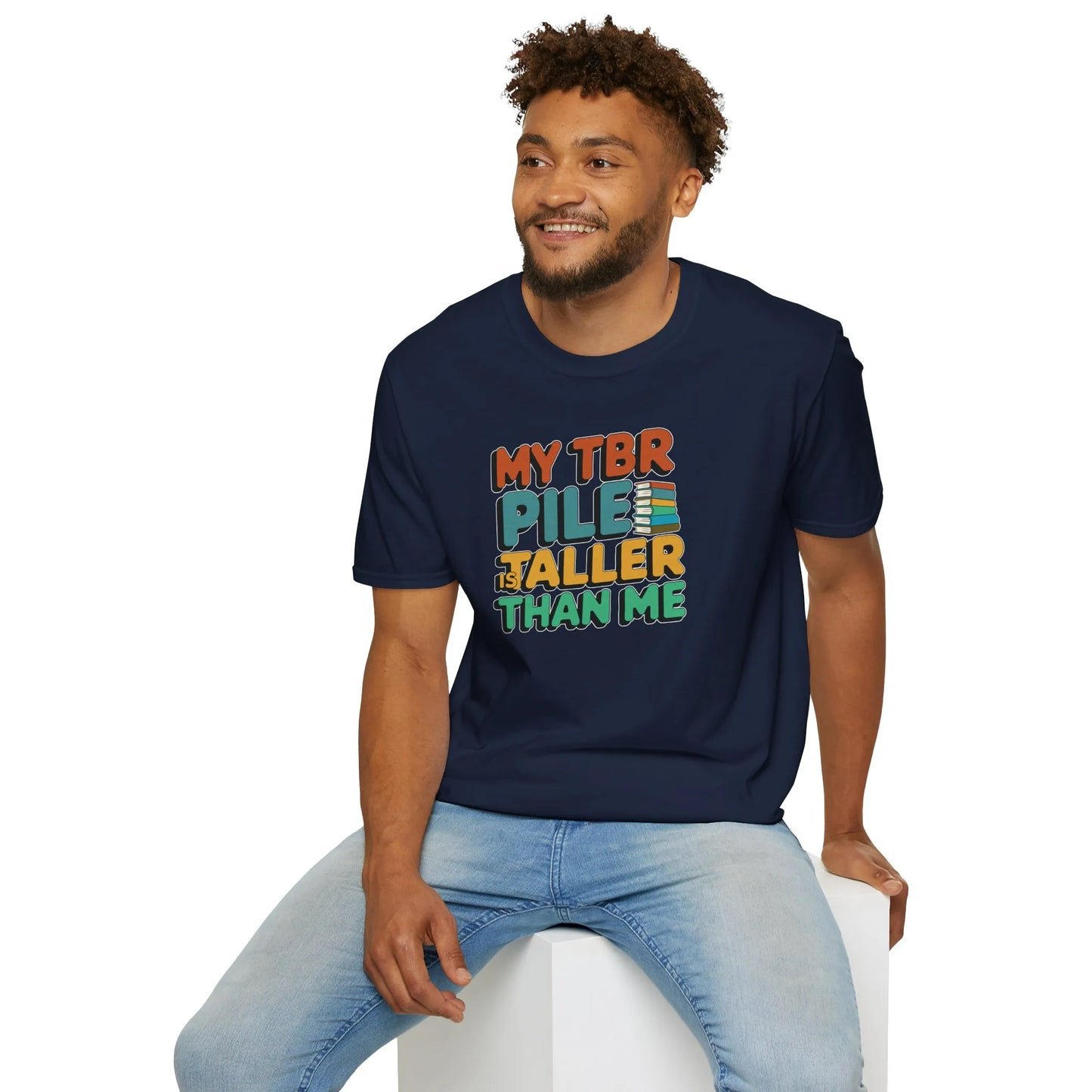 TBR Pile T-Shirt in navy, relaxed fit unisex tee for book lovers, perfect cozy reading outfit or gift for readers 📖