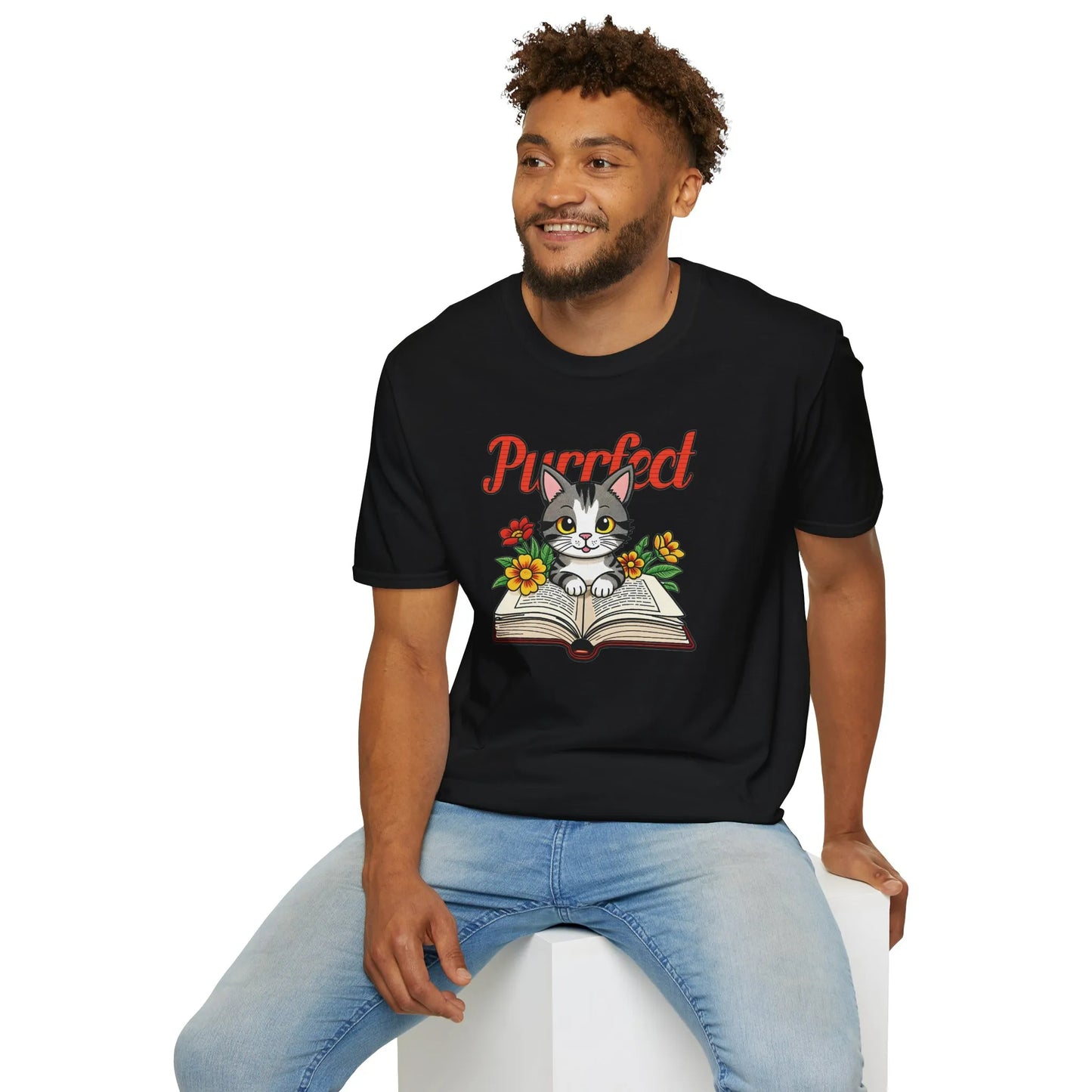 Purrfect Page T-Shirt featuring a kitten on a book, cozy relaxed fit unisex tee, perfect gift for readers 📖.