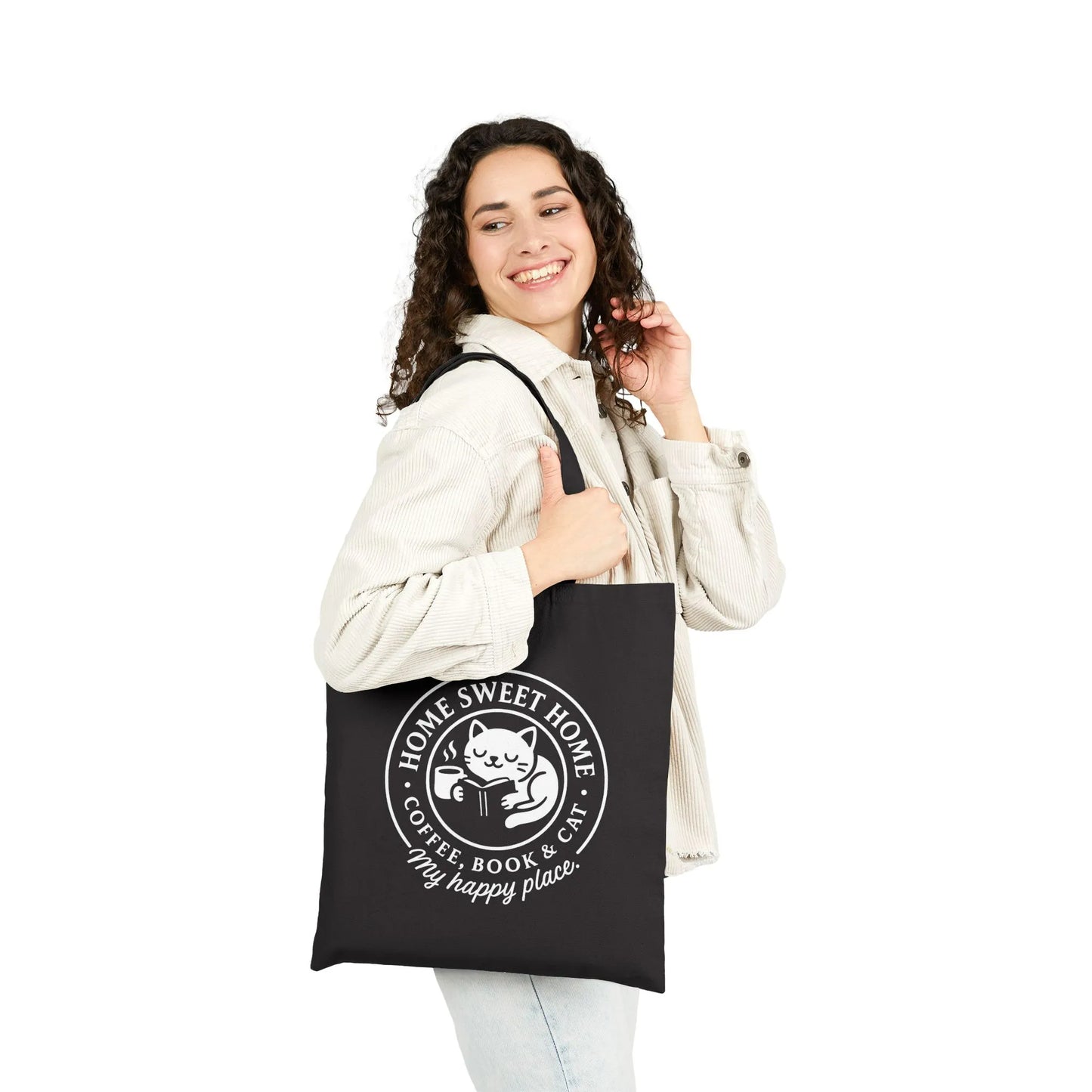 Cozy Cat Haven Tote Bag featuring a circular emblem with a cat, ideal for book lovers who adore coffee and cozy vibes.