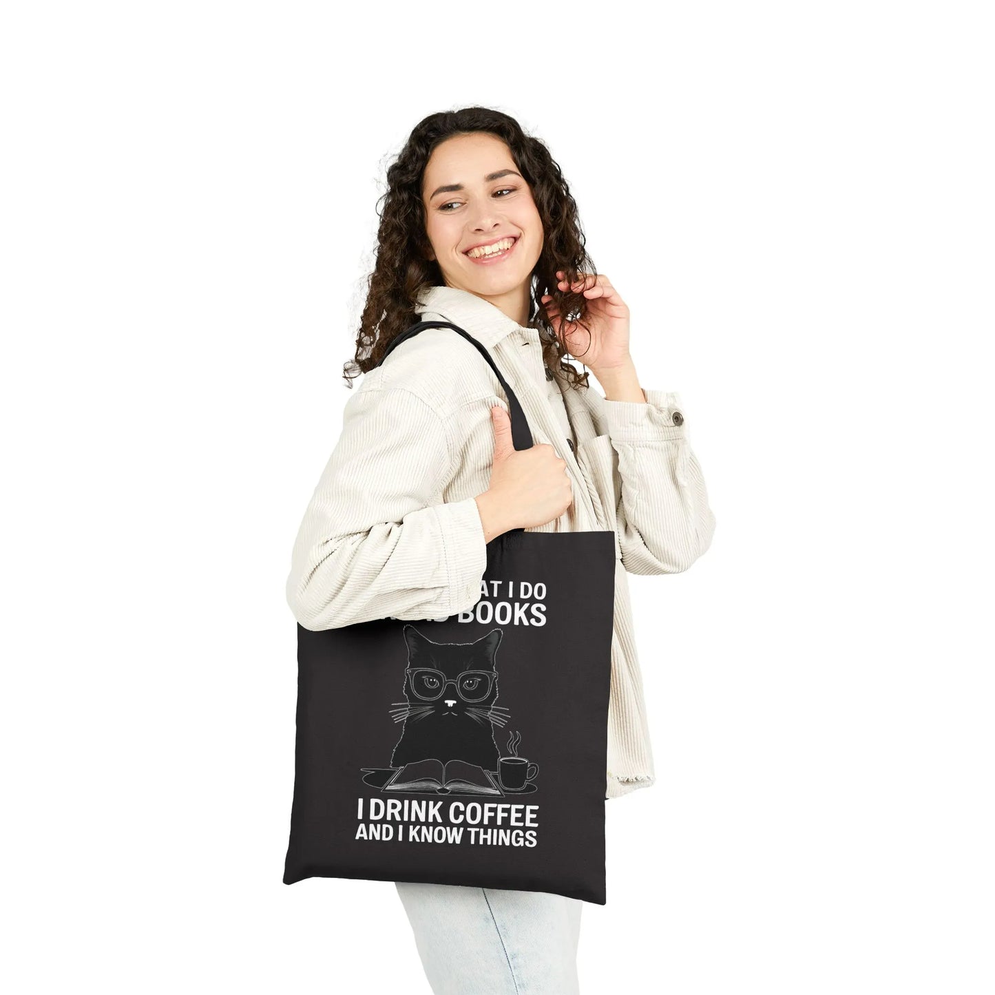 Coffee & Cat Wisdom Tote Bag featuring a witty cat graphic with text: 'I drink coffee and I know things'—perfect for book lovers!