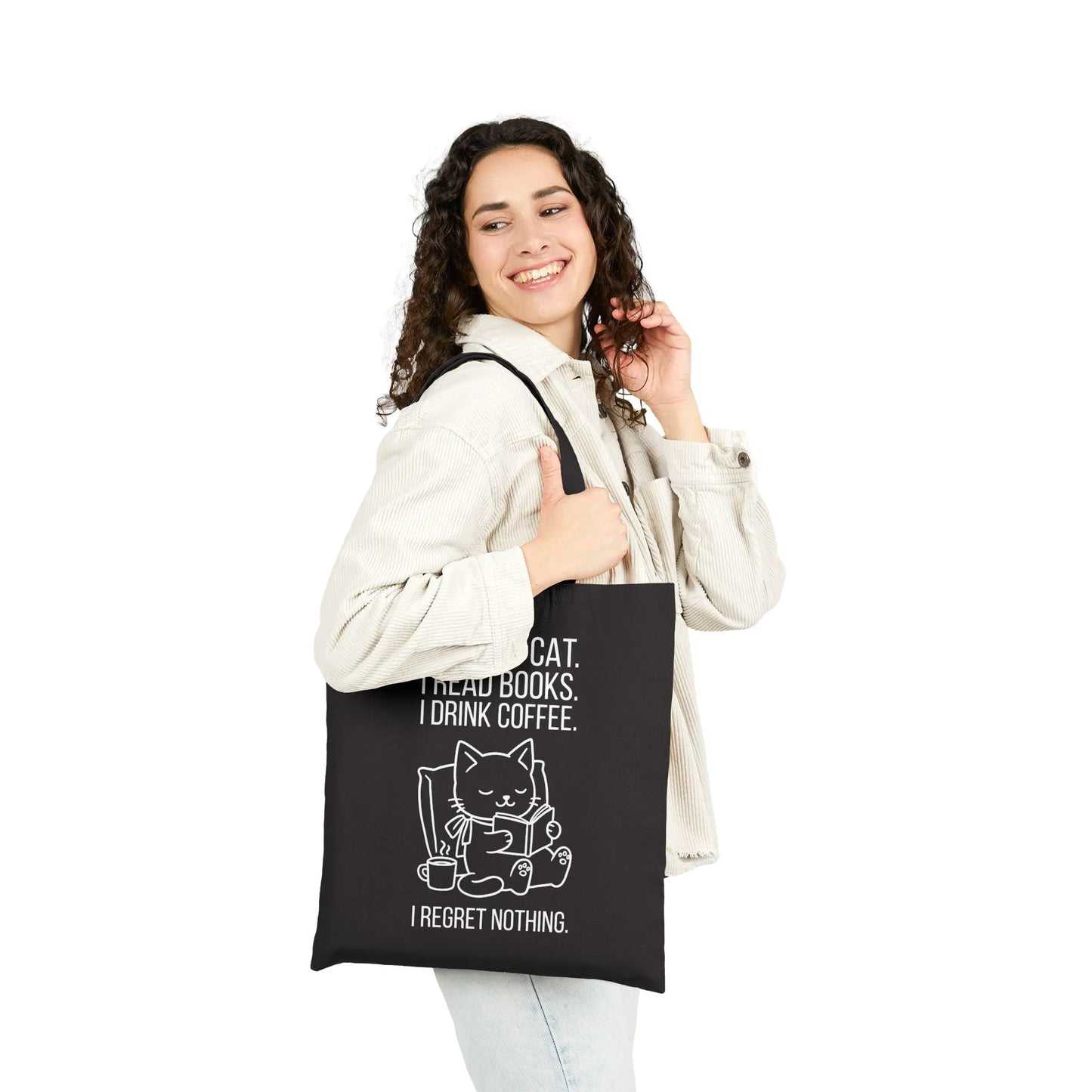 Cat. Books. Coffee. Tote Bag featuring a cute cat with a coffee cup and witty text, perfect for book lovers who enjoy cozy moments.
