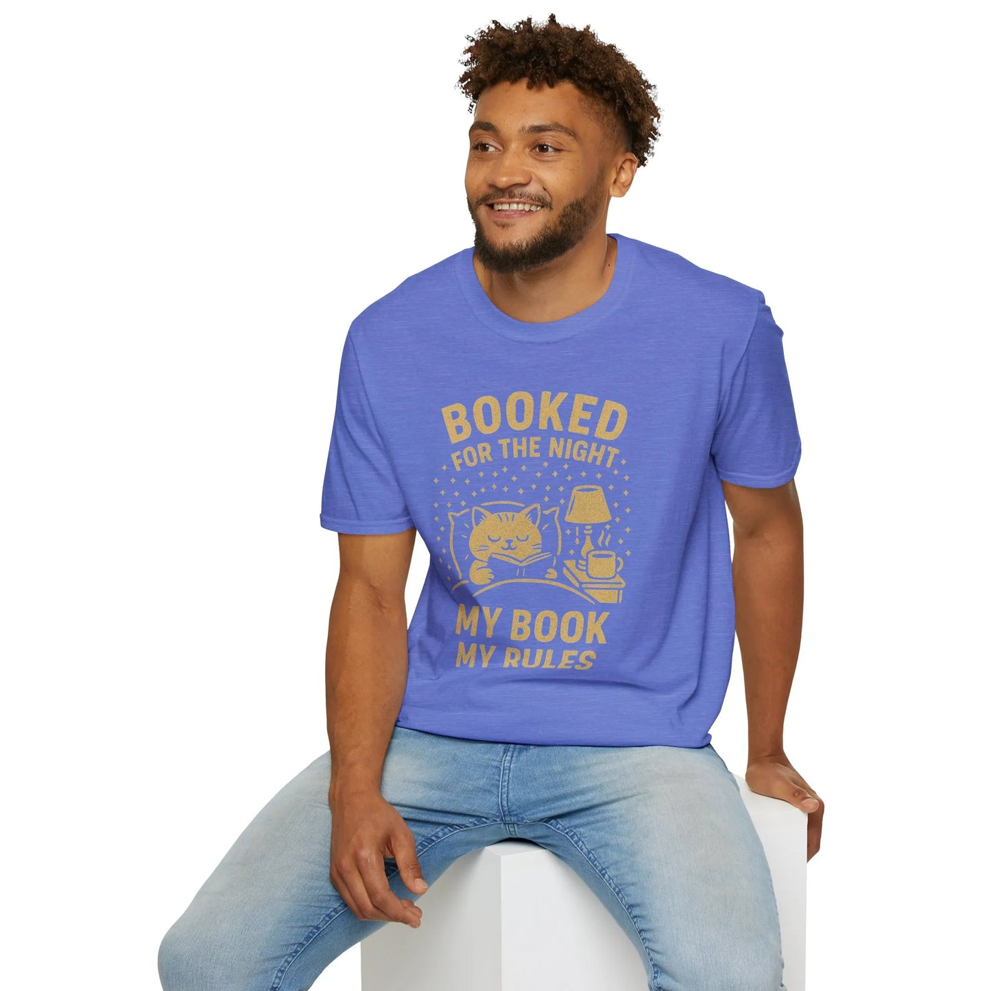Cozy blue 'Booked for the Night' shirt featuring a cat with a book and lamp, perfect for book lovers and funny gift for readers.
