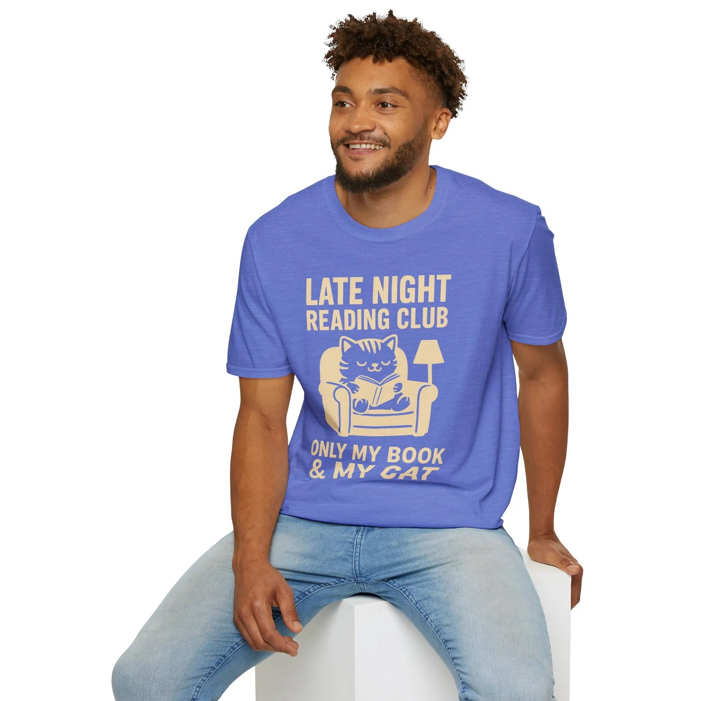 Late Night Reading Club T-Shirt with a cozy cat and text "Only My Book & My Cat"; ideal for book lovers and cat enthusiasts.