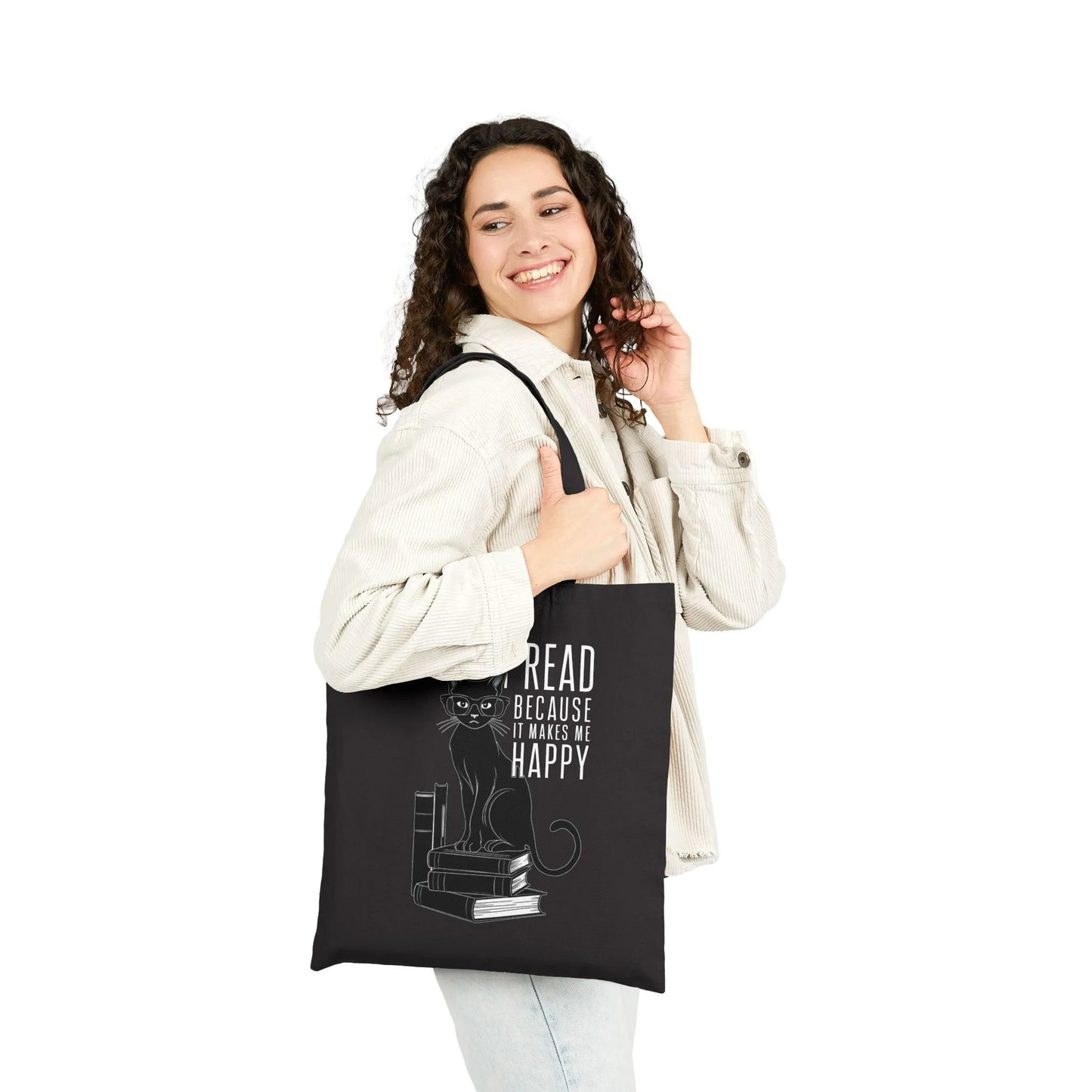Happy Reading Kitty Tote Bag featuring a whimsical black cat on books with text 'Read Because it Makes Me Happy'. Perfect for book lovers.