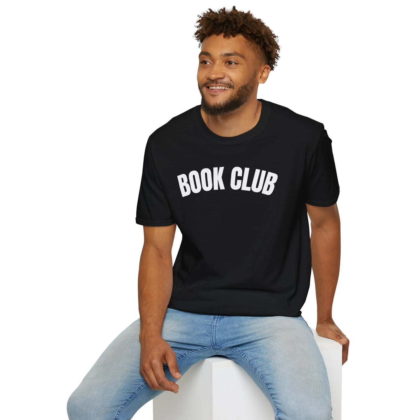 Book Club T-Shirt in black, relaxed fit unisex tee perfect for readers, featuring bold lettering. Ideal gift for bibliophiles! 📖