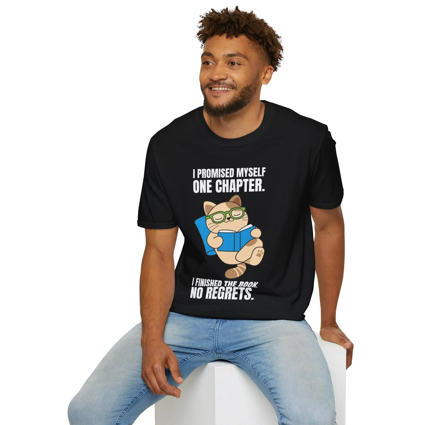 Funny reading tee featuring a cozy cat in glasses with the quote, "I promised myself one chapter... No regrets!" Perfect for book lovers.