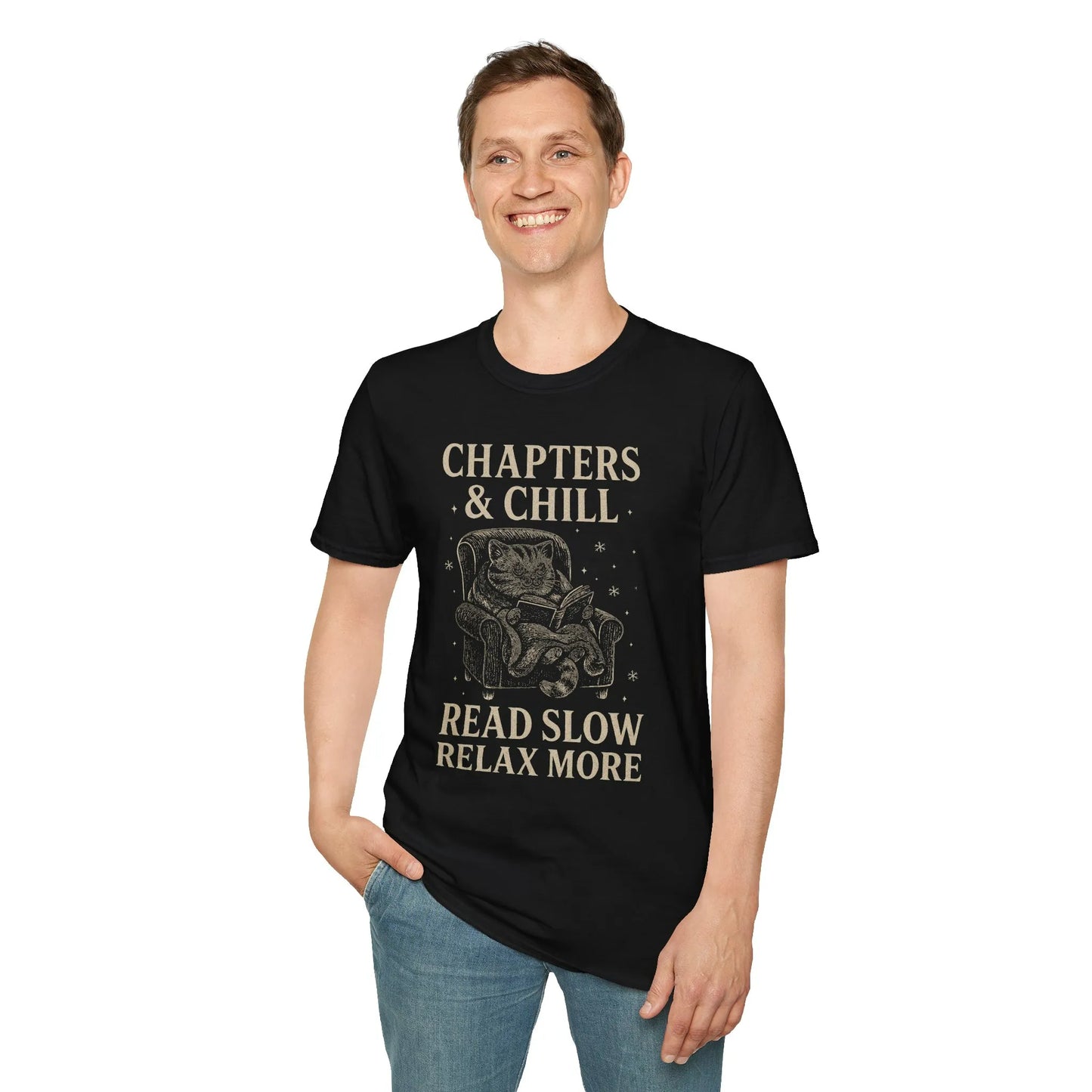 Chapters & Chill T-shirt illustrating a cat in a chair, promoting cozy reading. Perfect gift for book lovers and cat enthusiasts.