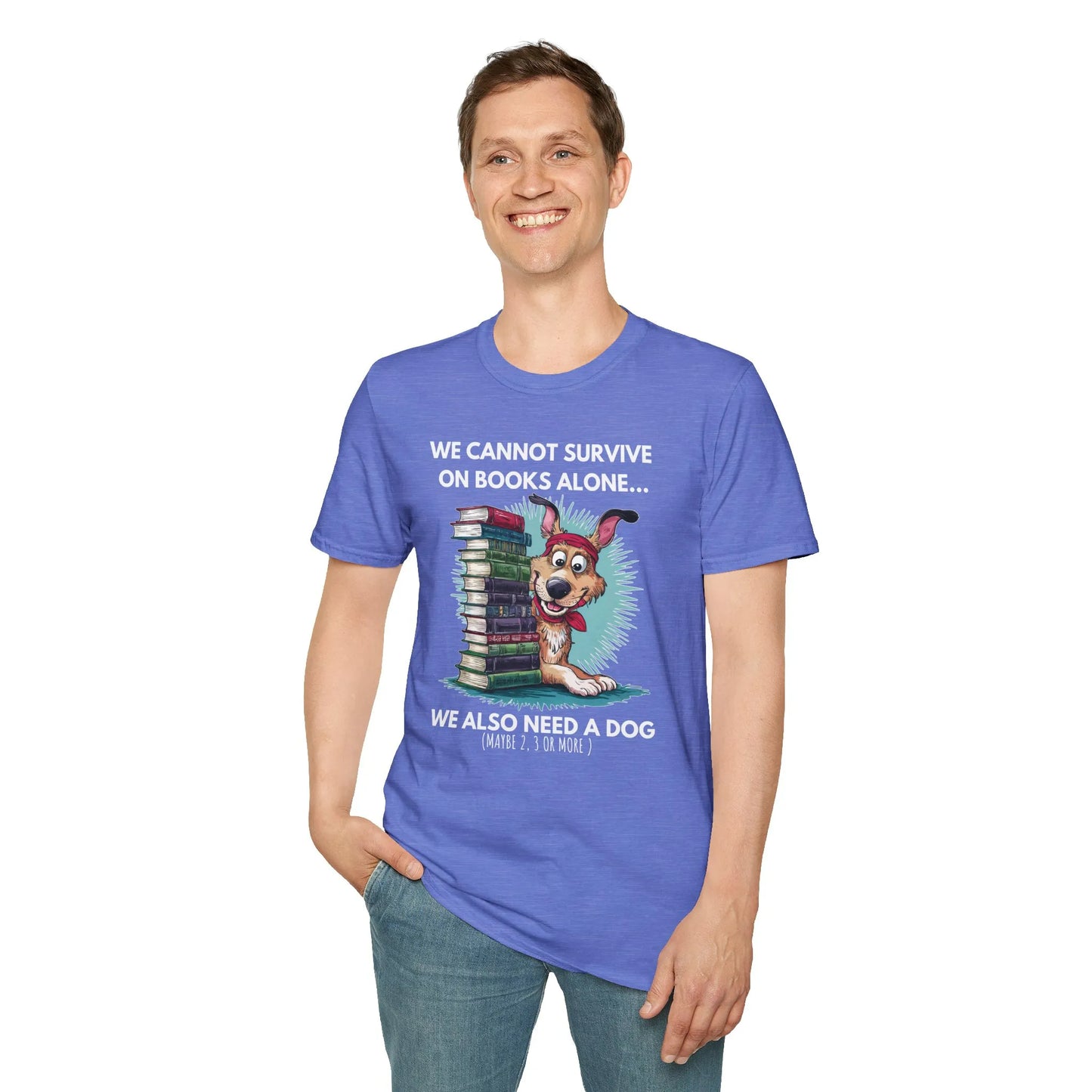 alt_tag: Books & Dogs, Perfect Combo T-Shirt, a relaxed fit unisex shirt featuring a cheerful dog and stacks of colorful books. Perfect gift for book lovers! 📖