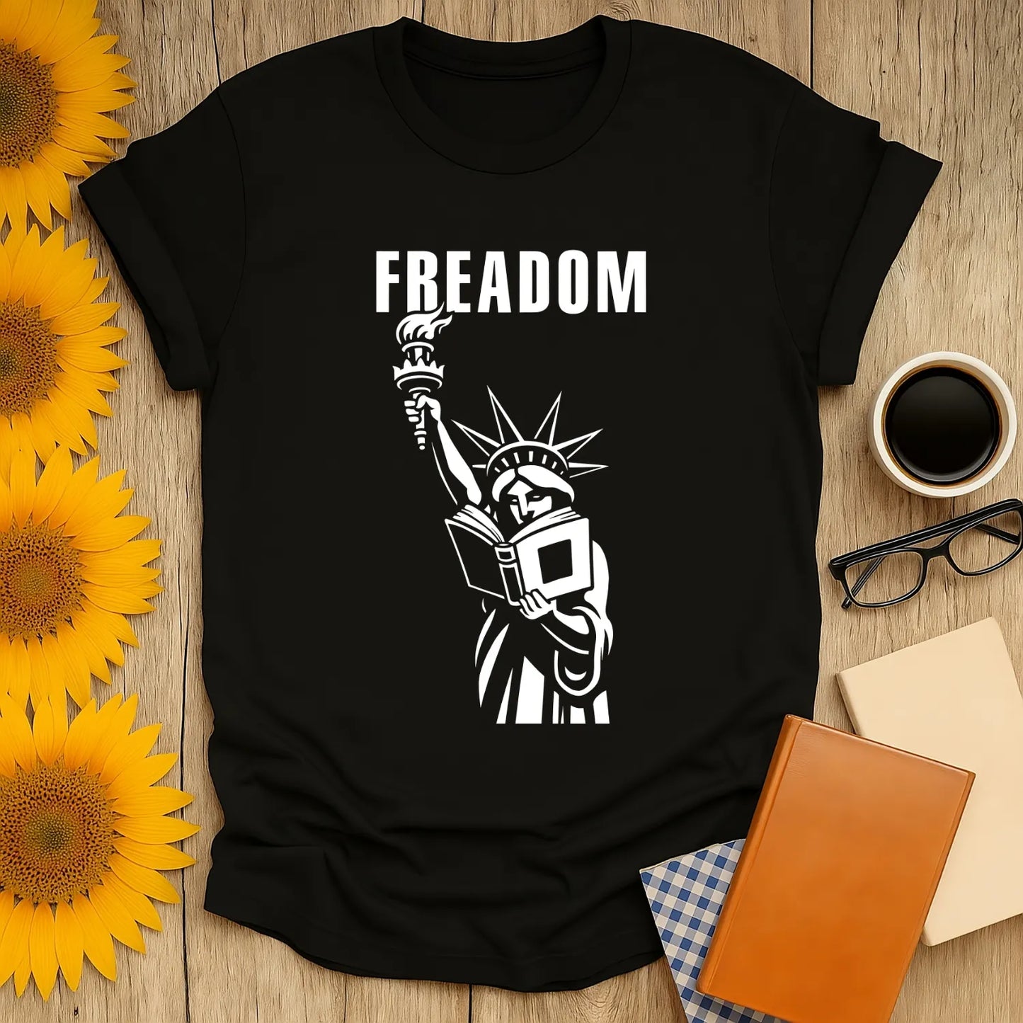 Freadom Statue T-Shirt featuring Liberty reading a book, perfect gift for book lovers who adore cats, coffee, and cozy vibes.