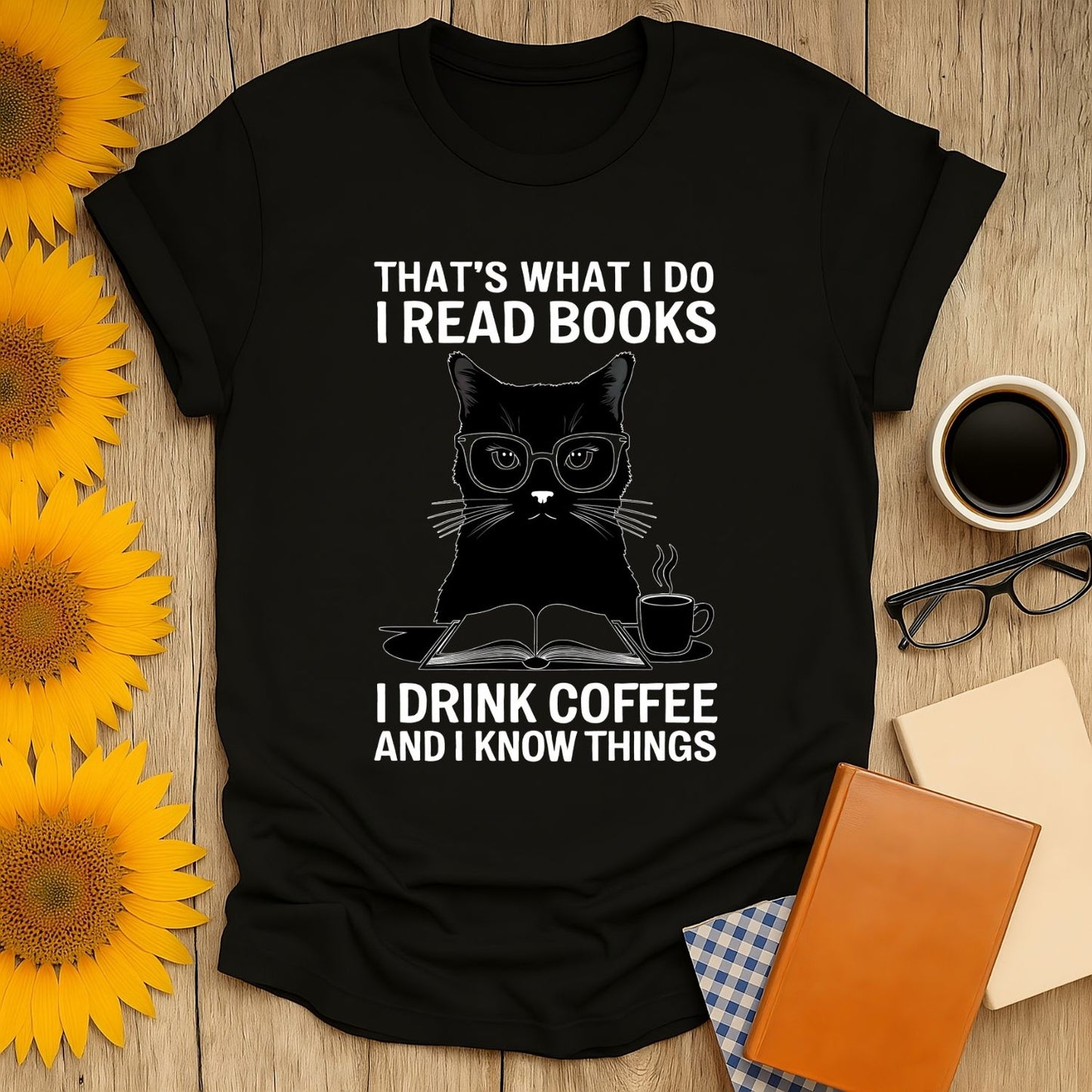 Coffee & Cat Wisdom T-Shirt featuring a cat with glasses, perfect for book lovers who enjoy reading and coffee.