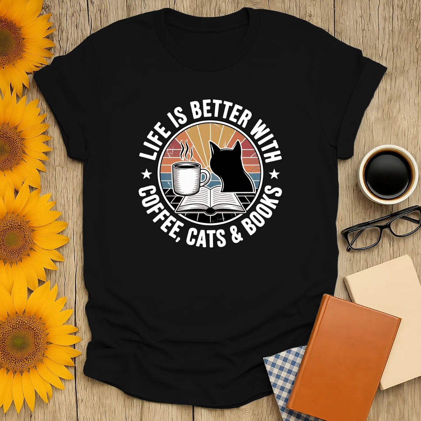 Life is better with coffee, cats & books graphic on black tee, perfect gift for book lovers and cat enthusiasts.