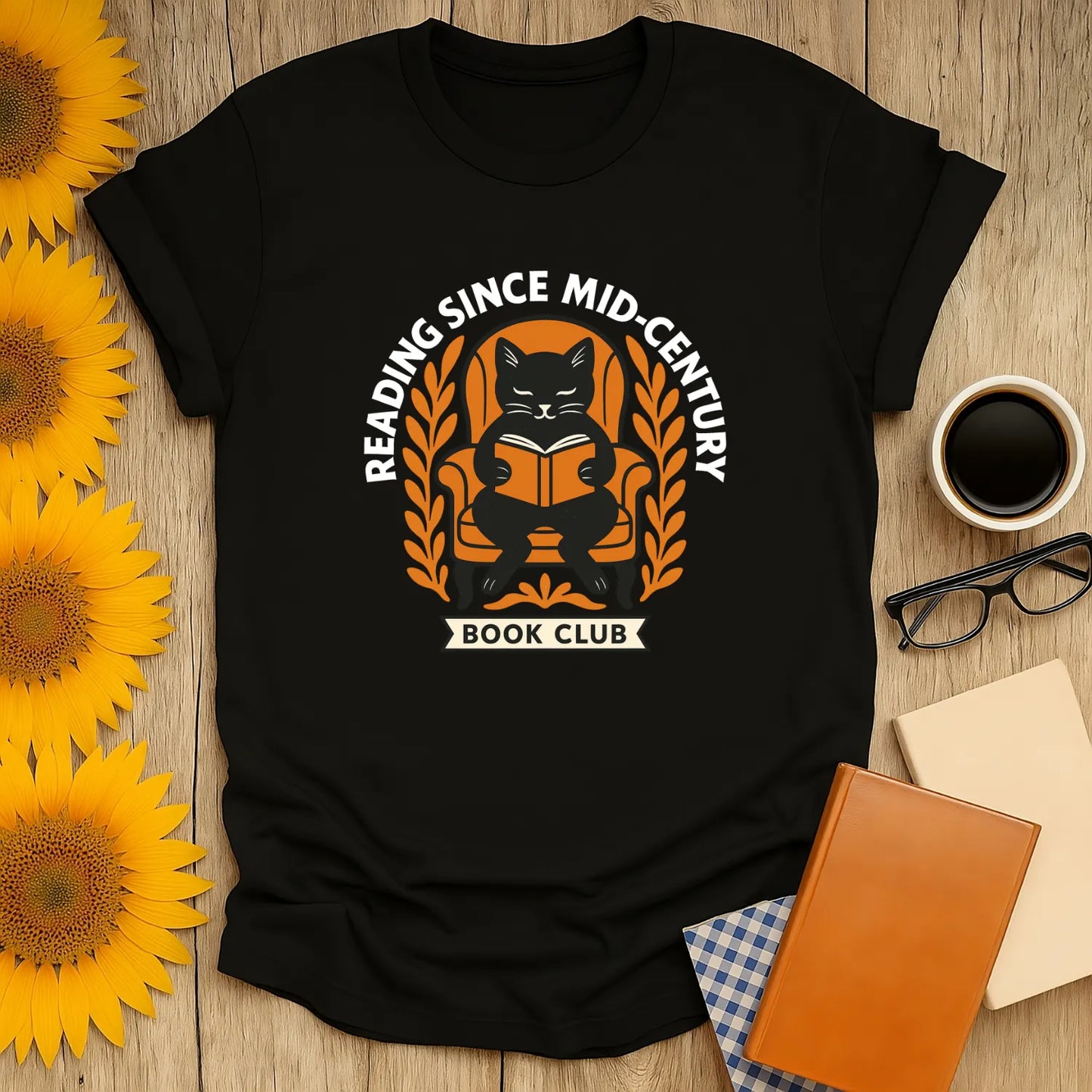 Cat reading a book with 'Reading Since Mid-Century' text, perfect cozy shirt for book lovers and cat enthusiasts.