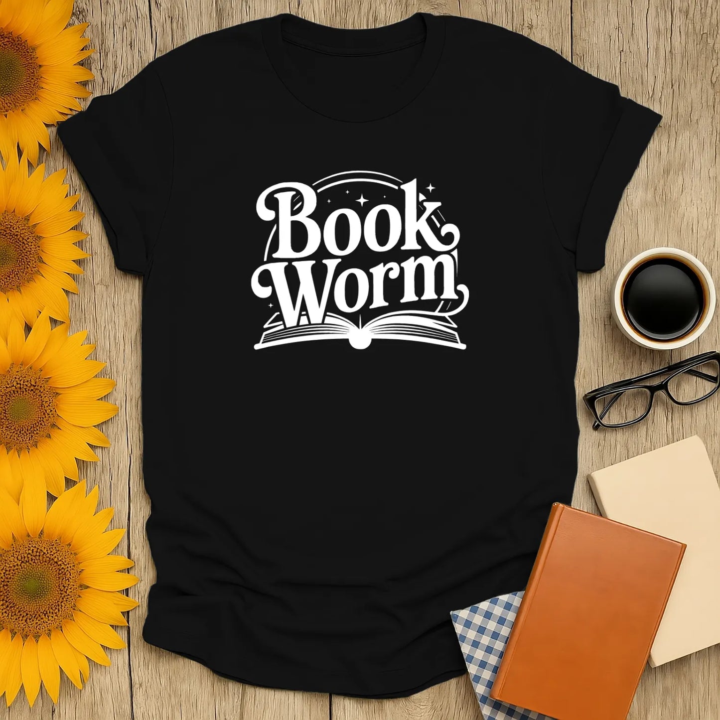 Cozy black Bookworm t-shirt with playful text; perfect for book lovers who adore cats, coffee, or tea.