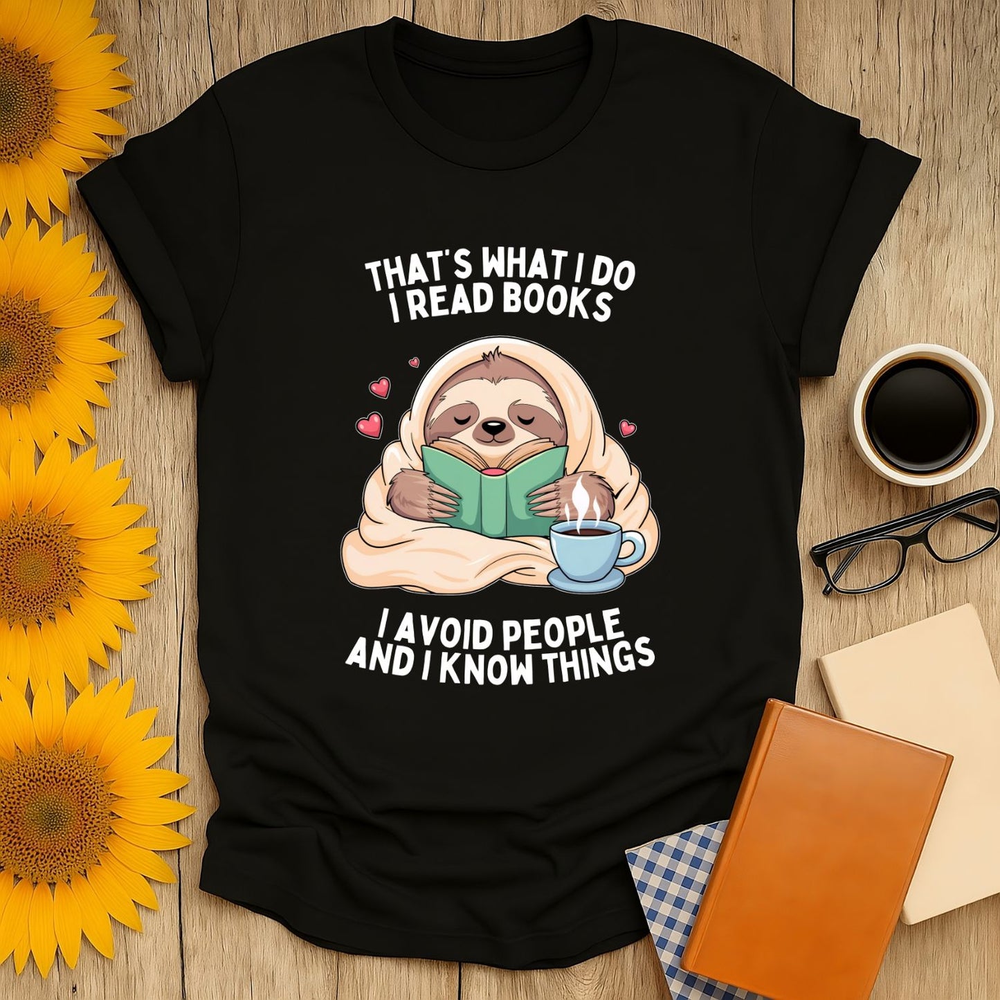 Book lover t-shirt featuring a sloth reading with text: 'That's what I do I read books, I avoid people and I know things.'
