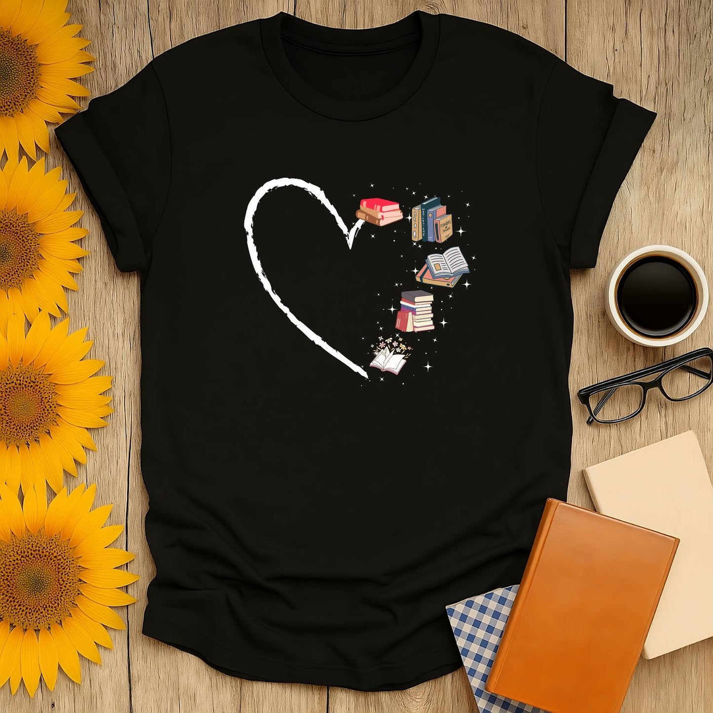 Bookish Heart T-Shirt with playful illustrations of books in a heart shape, perfect gift for cozy reading lovers.