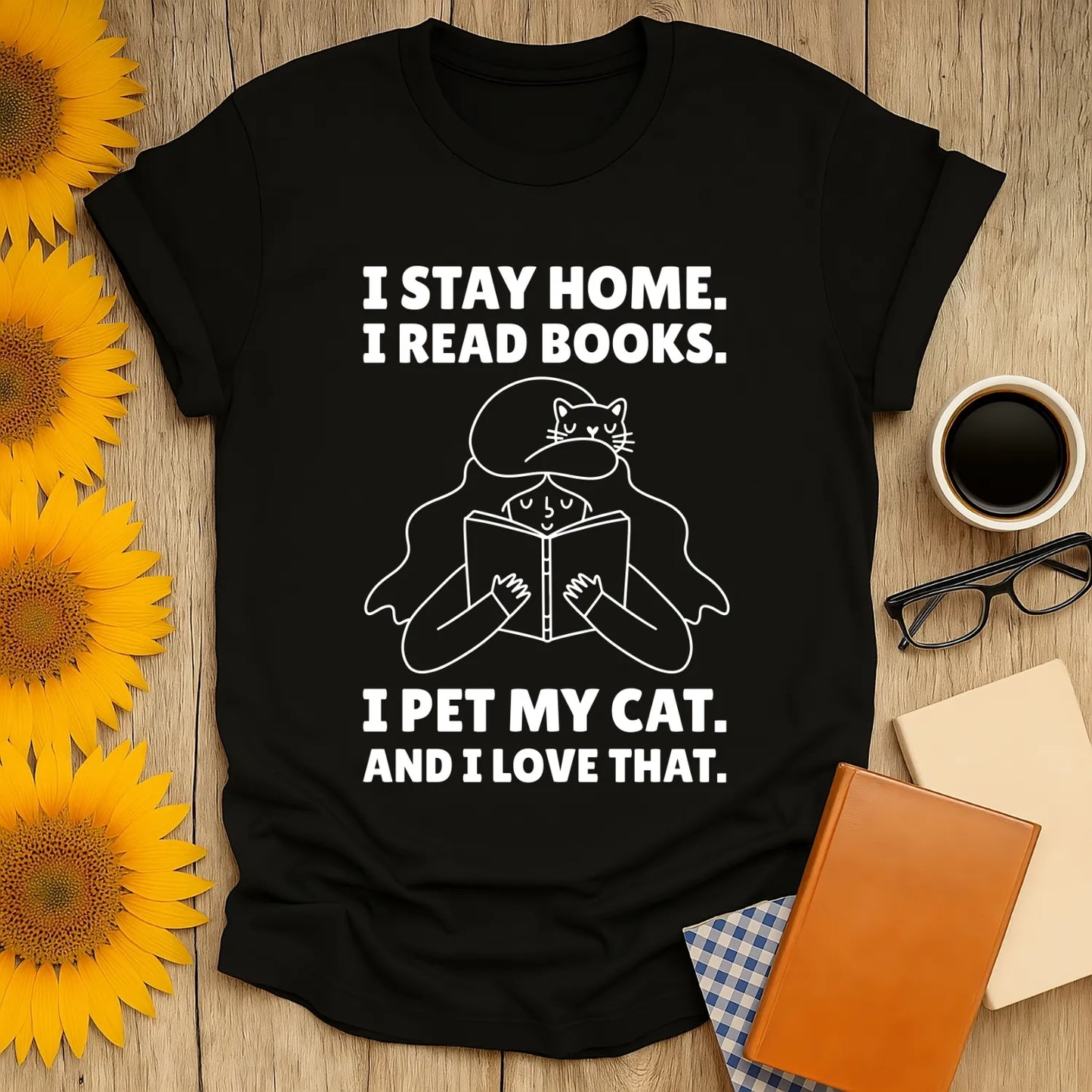 Cozy black tee with a cat illustration and text: 'I stay home. I read books. I pet my cat. And I love that.' Perfect for book lovers.