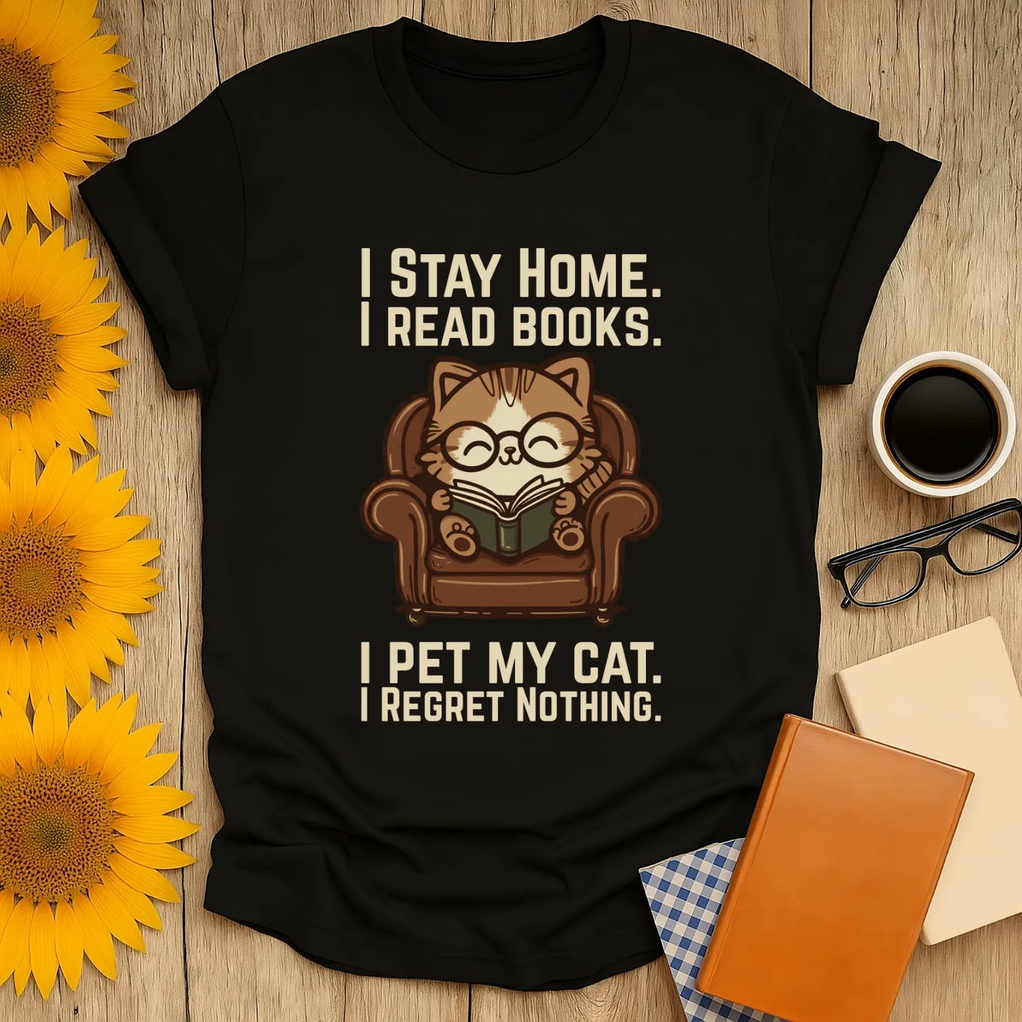 Armchair Cat Reader T-Shirt featuring a cozy cat in glasses reading at home, perfect for book lovers and cat enthusiasts.
