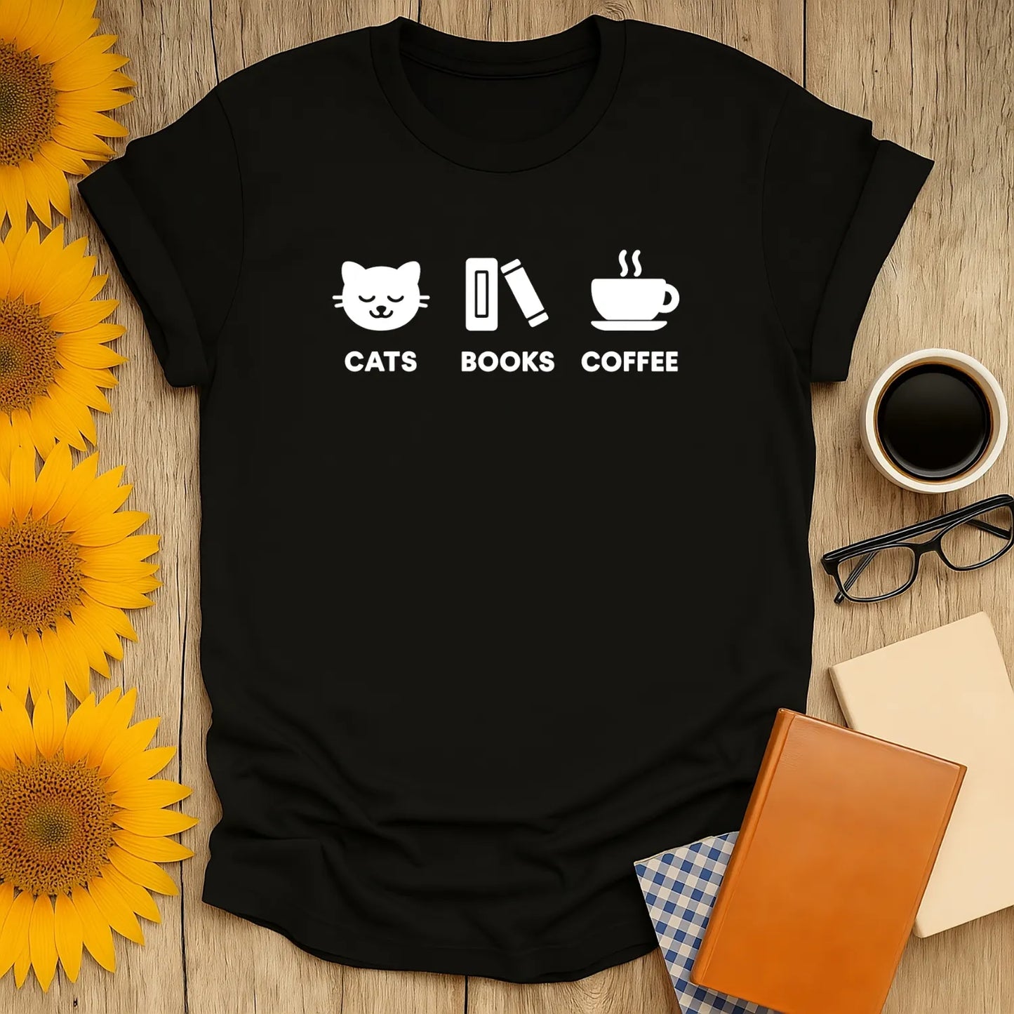 Black Holy Trinity T-shirt featuring icons of a cat, a book, and a coffee cup—perfect gift for cozy book lovers!
