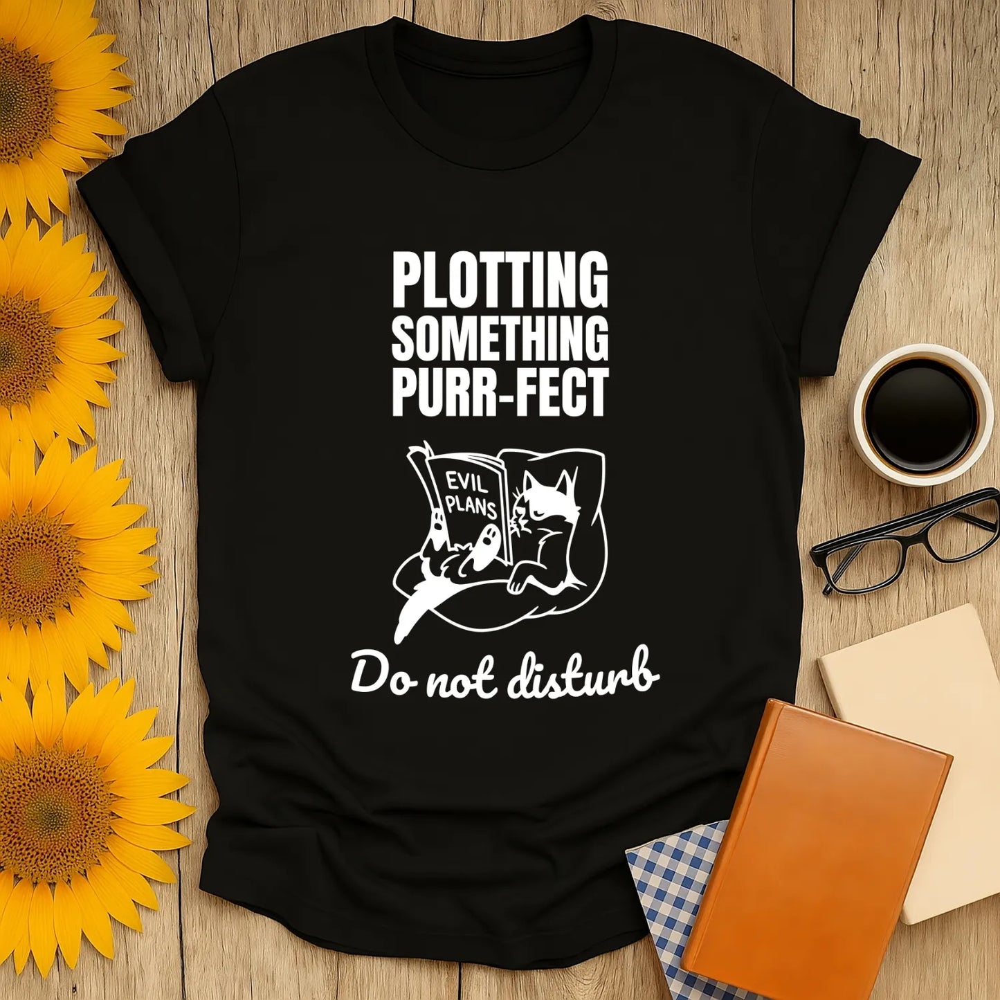 Black tee with a cat plotting "Evil Plans" and text 'Do not disturb'—perfect for book lovers and cat enthusiasts.
