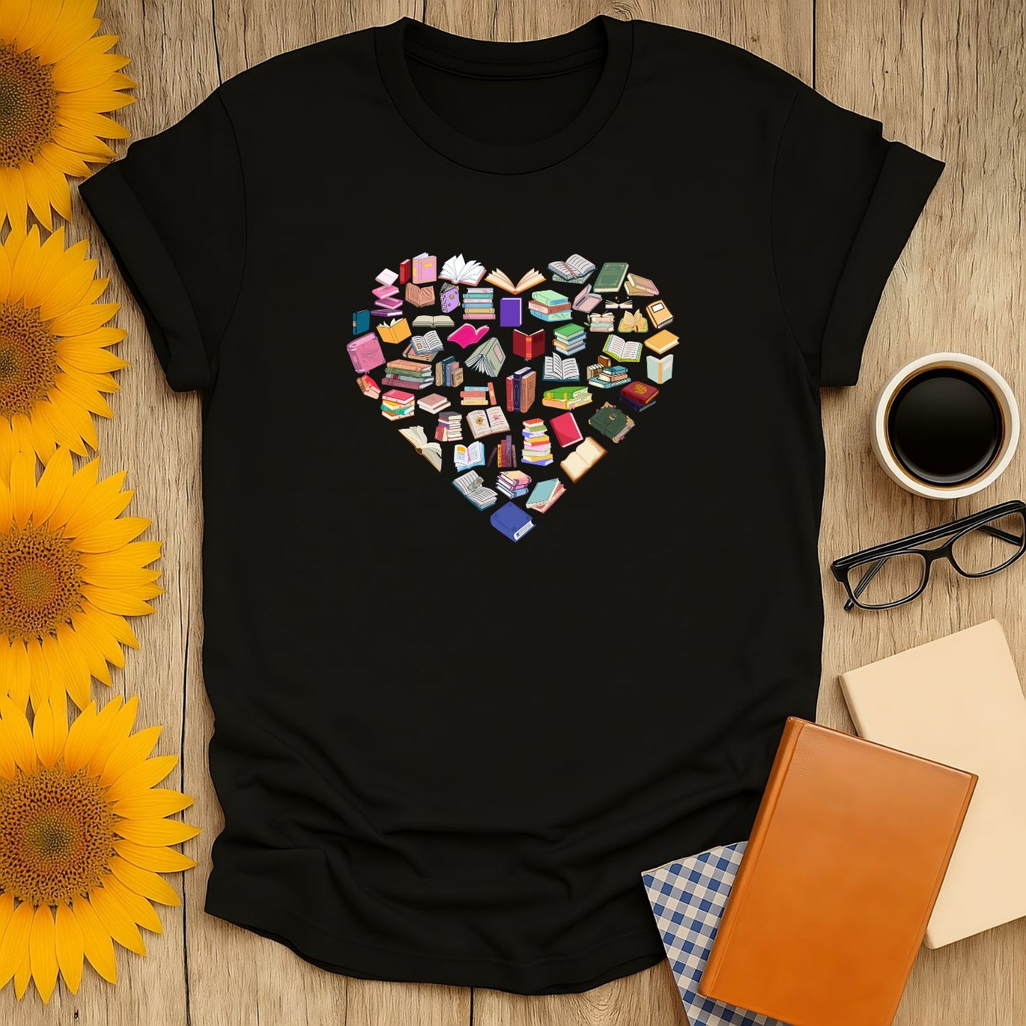 Heart-shaped design made of colorful books on a cozy t-shirt, perfect for book lovers and cat, coffee, or tea enthusiasts.
