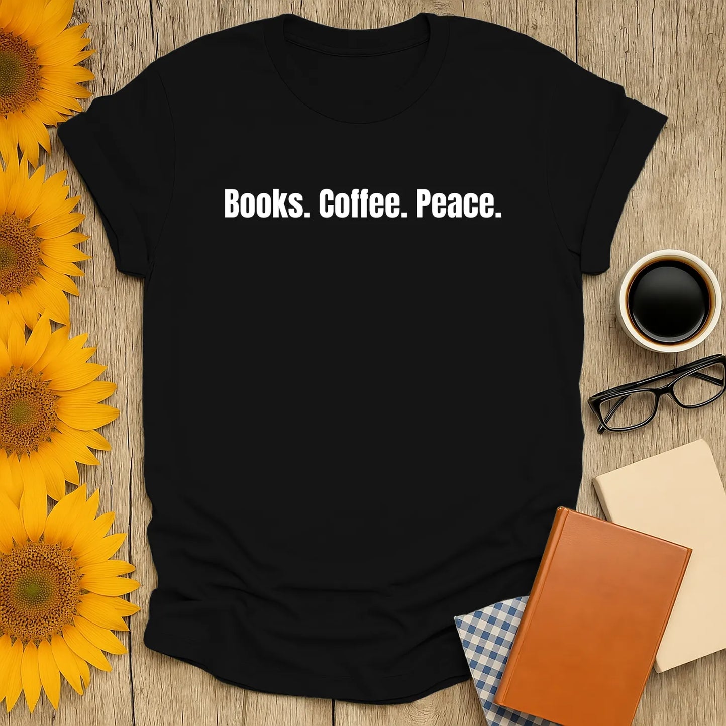 Black t-shirt with 'Books. Coffee. Peace.' text, perfect for book lovers and cozy reading moments.