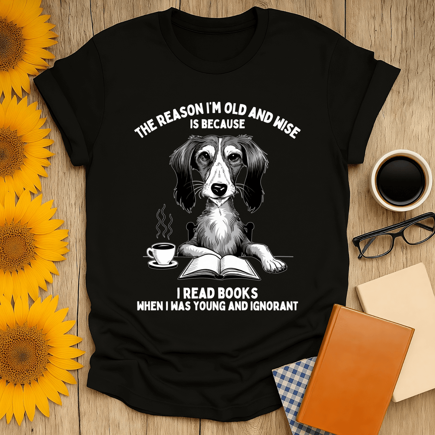 Old & Wise Reader T-Shirt featuring a dog reading with coffee, perfect for book lovers.