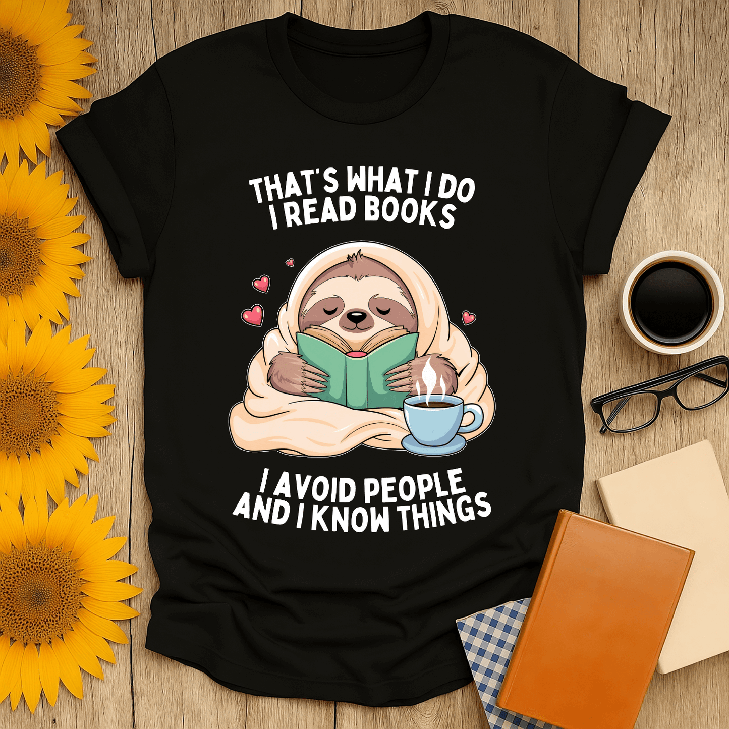 Read, Avoid, Know T-Shirt featuring a sloth reading a book, perfect for book lovers.