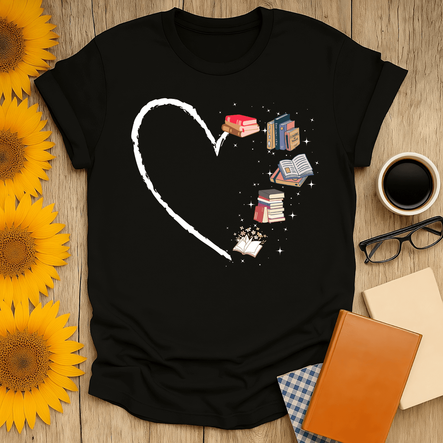 Bookish Heart T-Shirt for book lovers, featuring a heart design with books, made of breathable cotton, unisex fit.