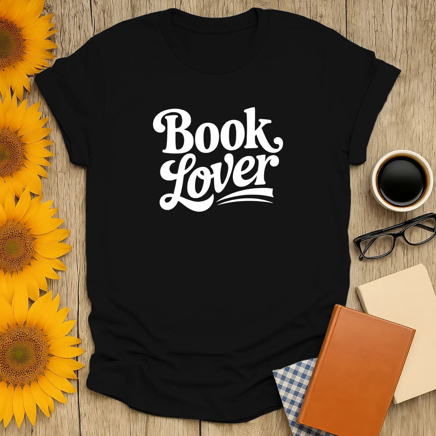 Book Lover T-Shirt in black with stylish white text, perfect for readers who adore cats, coffee, and cozy comforts.