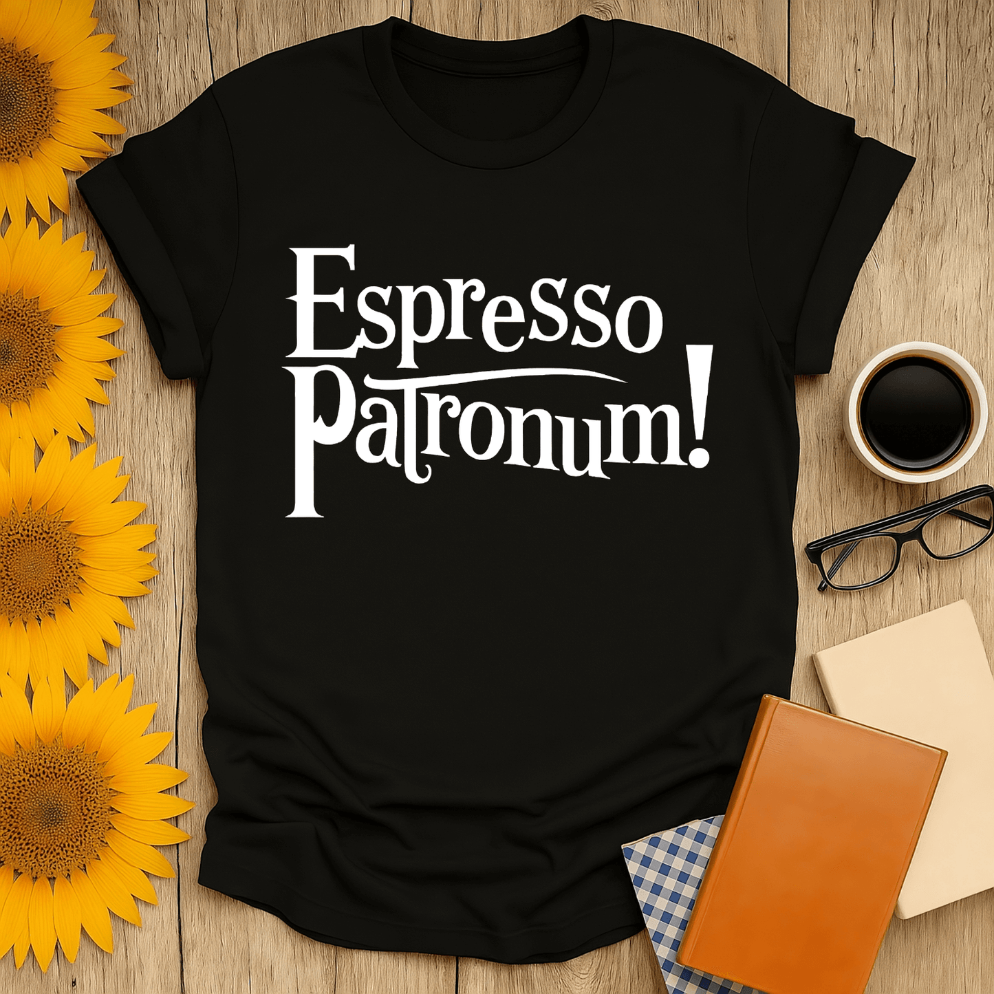 Espresso Patronum! T-Shirt for book lovers, premium cotton, unisex fit, screen-printed design, perfect for cozy reading sessions.