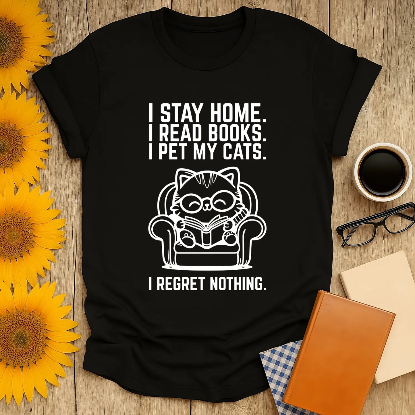 Funny reading tee featuring a cozy cat illustration with the text: "I stay home. I read books. I pet my cats. I regret nothing." Perfect for book lovers!